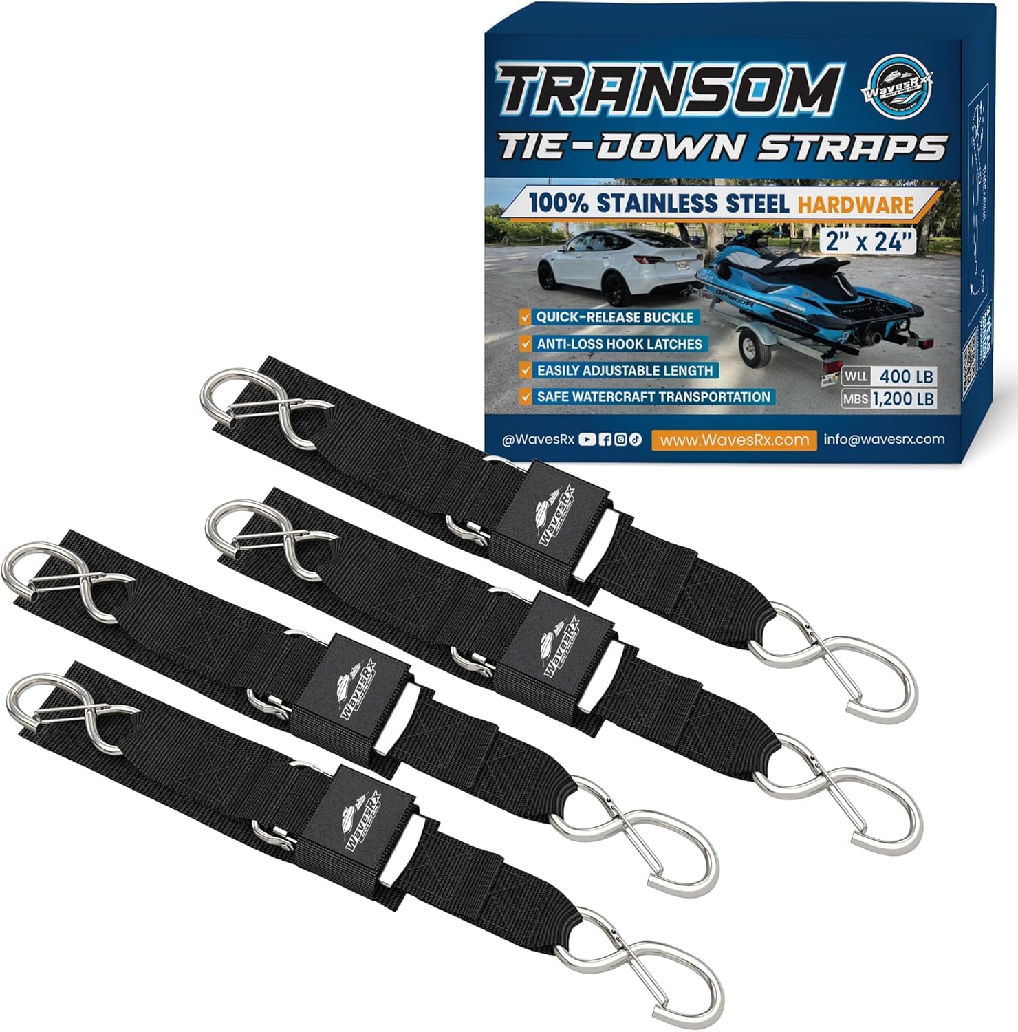 WavesRx Stainless Steel Boat &amp; Jet Ski Transom Tie Down Straps – 2" x 24" (4PK) – Heavy Duty Trailer Tie Downs with Quick Release Buckles – 1,200 lbs MBS – Marine-Grade PWC &amp; Boat Trailer Accessories