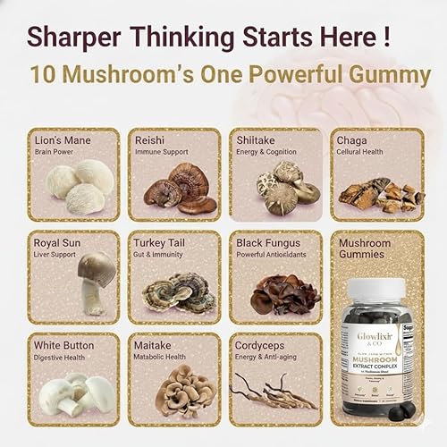 Miniatura 3 de Gomitas de hongos  Mezcla de 10 hongos con melena de león, Reishi, Chaga y más  Cordyceps para concentración y energía, memoria, inmunidad y energía