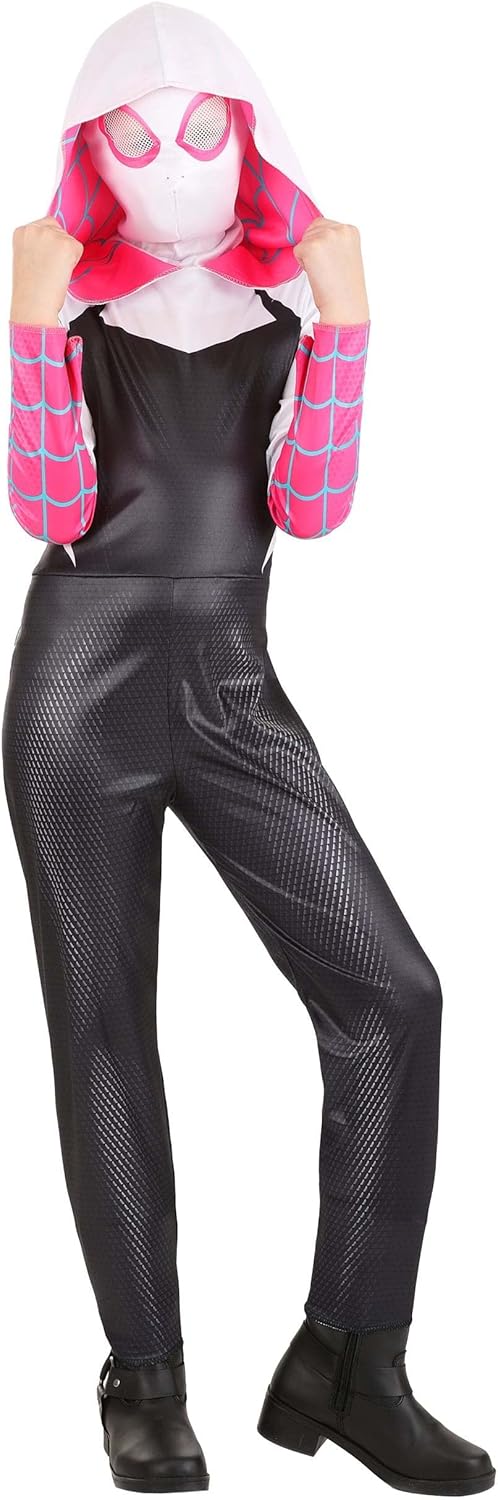 MARVEL Spider-Gwen Official Youth Halloween Costume - Premium Quality Hooded Jumpsuit with Pull On Fabric Mask