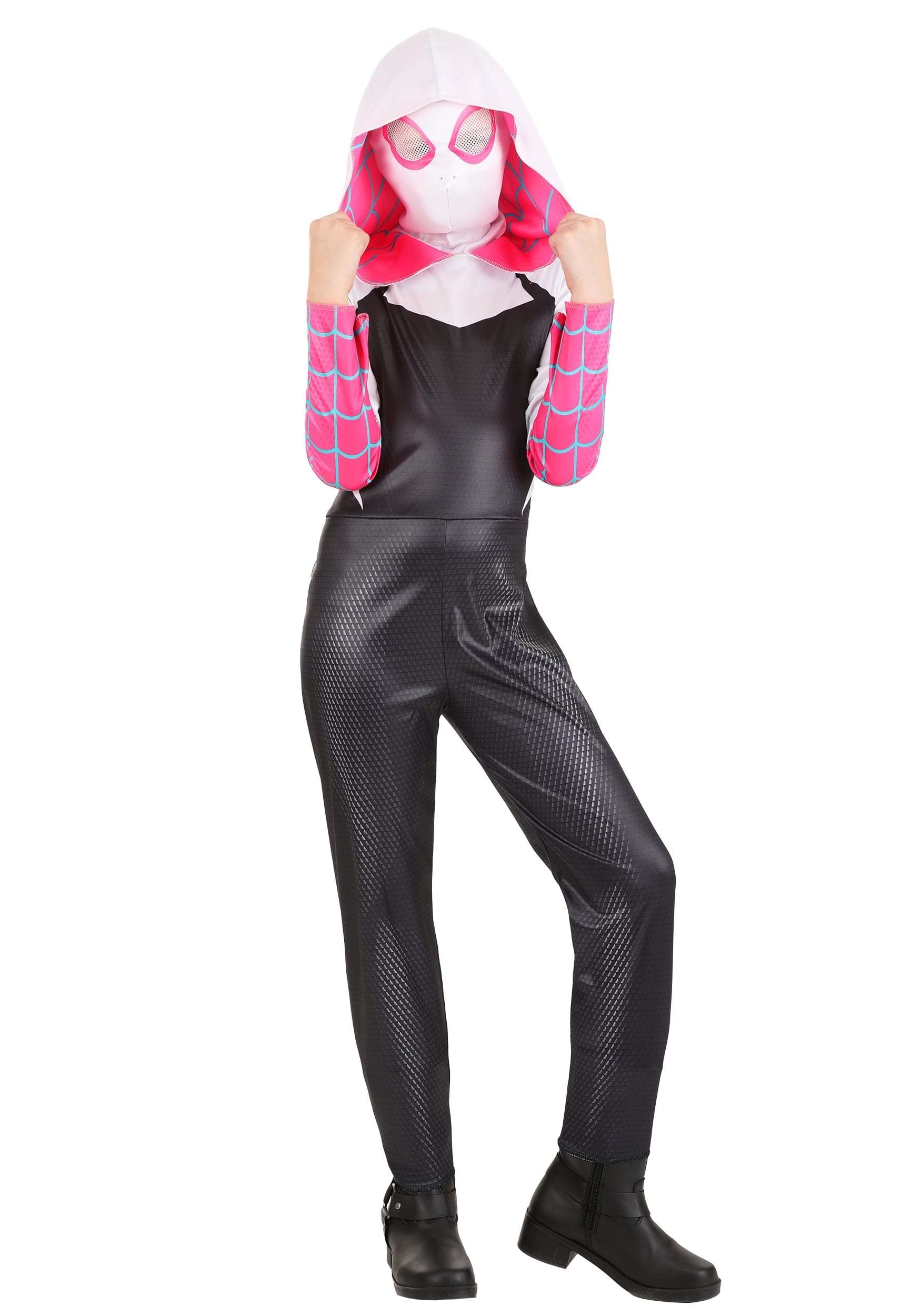 MARVEL Spider-Gwen Official Youth Halloween Costume - Premium Quality Hooded Jumpsuit with Pull On Fabric Mask