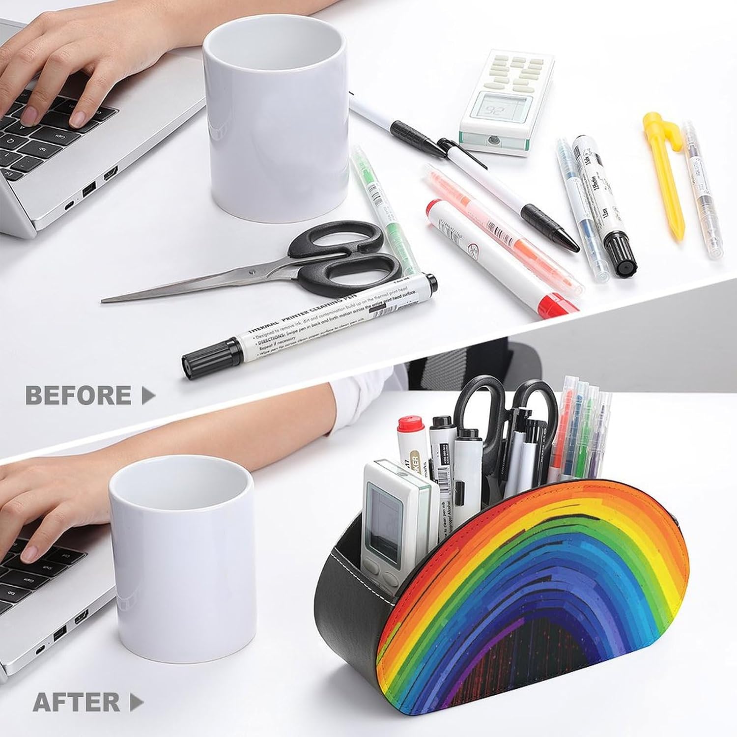 Rainbow Remote Control Storage Box with 5 Compartments Leather Remote Control Organizer Box for End Table Stylish TV Accessory Holder for Living Room Bedroom Office image 3