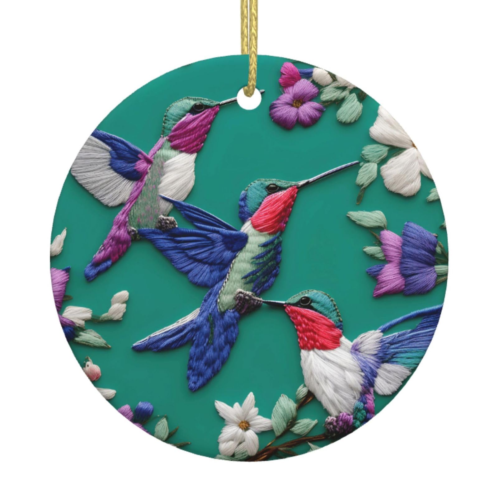 Flower Hummingbirds Embroidery Print Christmas Ornaments, Ceramic Hanging Ornament, Round Shape Decorations