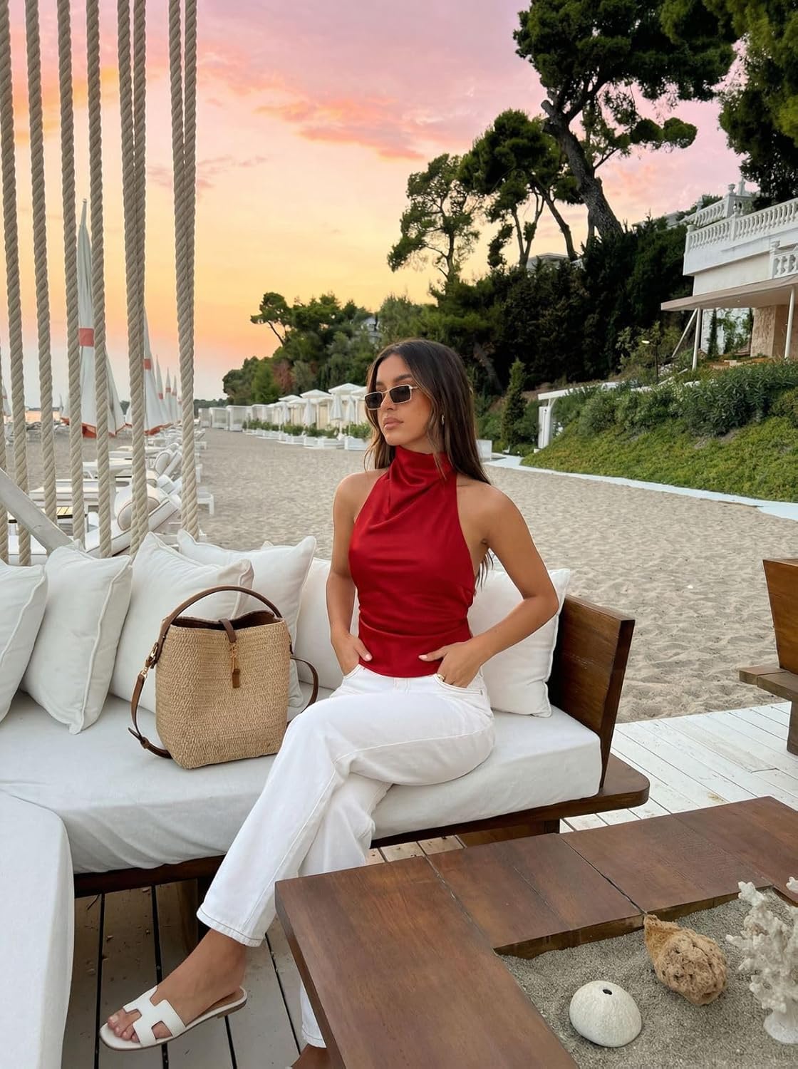 Womens Sexy Backless Silk Satin High Halter Top Sleeveless Adjustable Back Ties Y2K Going Out Cropped Tank Tops - Image 5