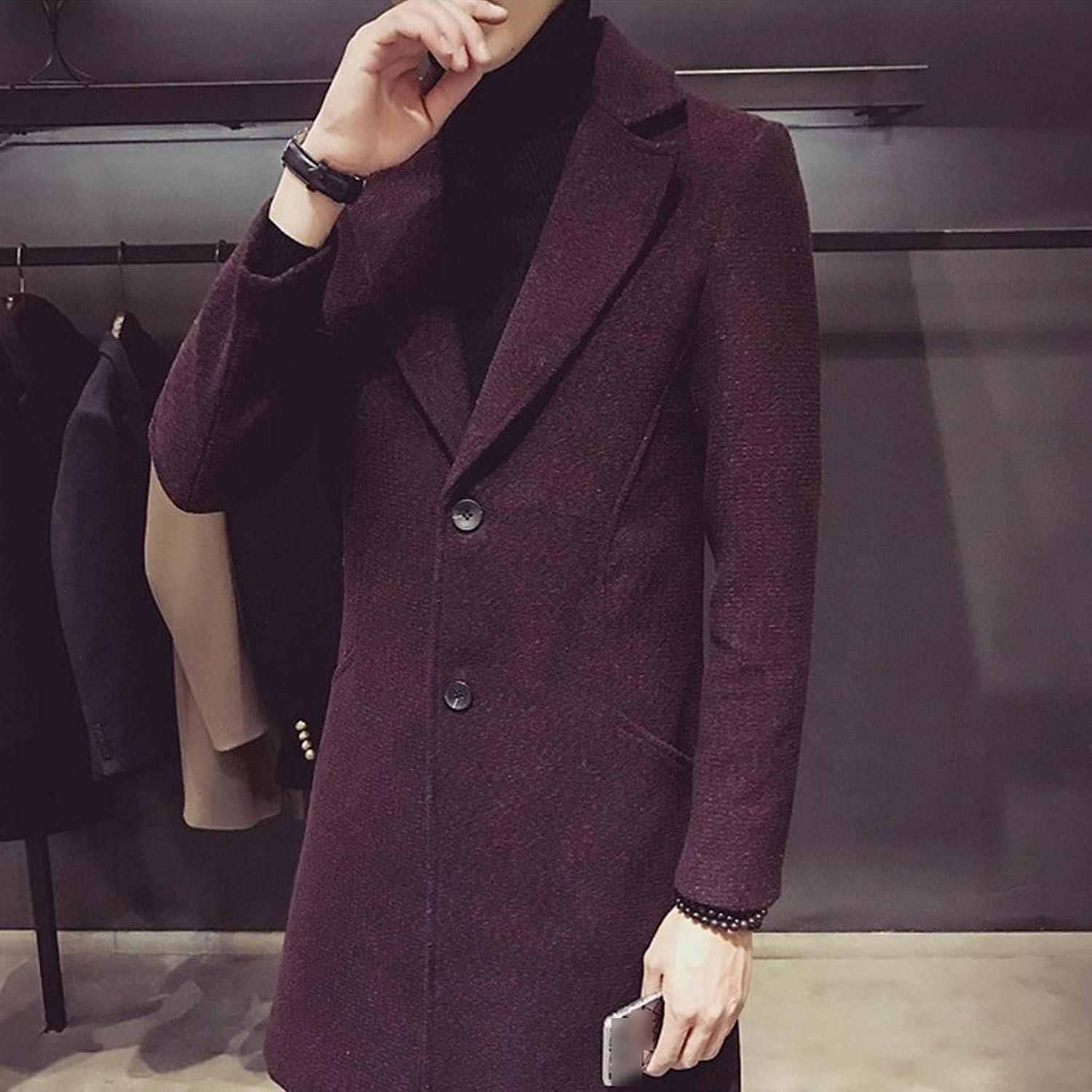 Maiyifu-GJ Mens Casual Slim Fit Wool Blend Trench Coat Single Breasted Business Coats Stylish Mid-Length Overcoat Jacket