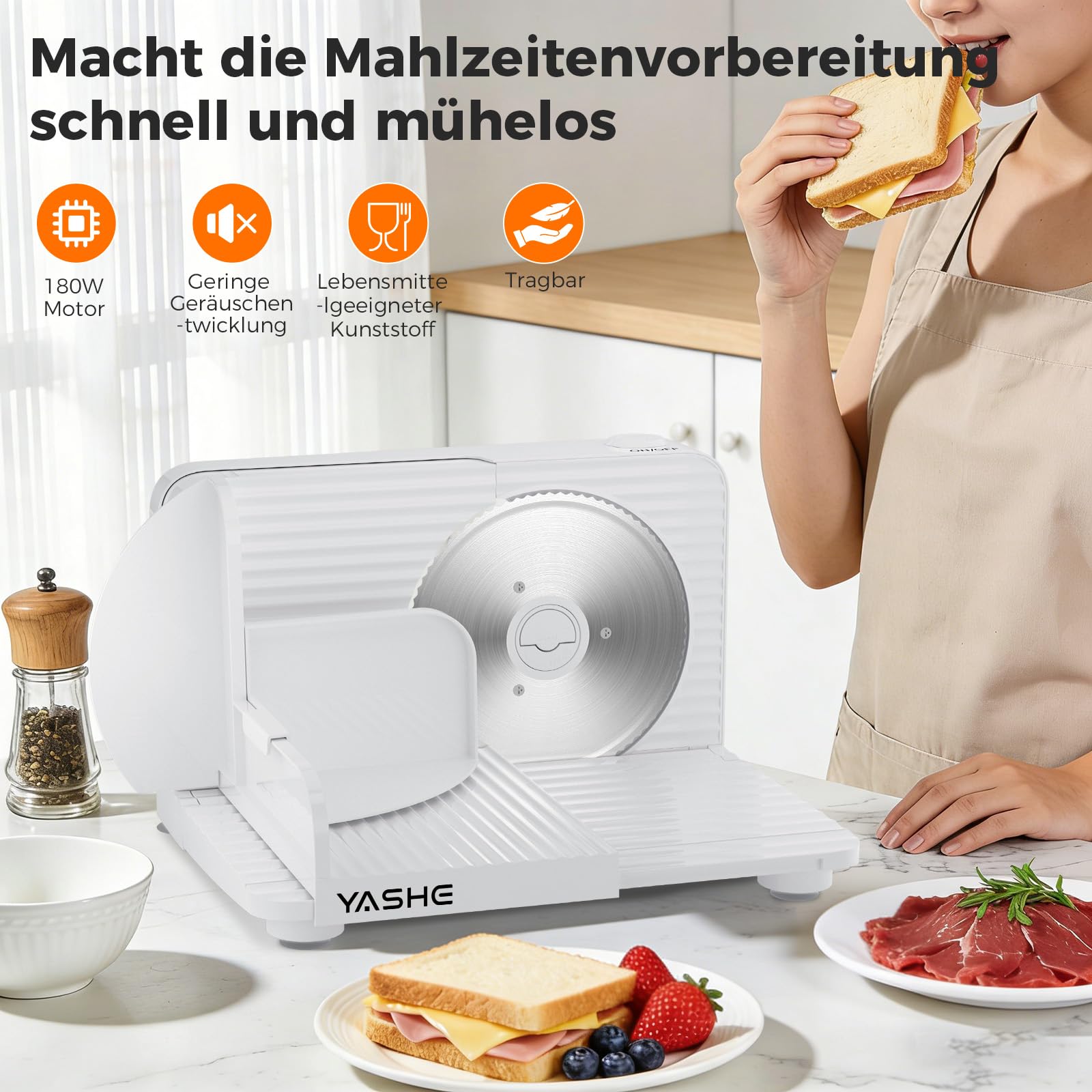 YASHE Faltbarer Elektrischer Allesschneider 180W Brotschneidemaschine Edelstahlklinge 17 cm Einstellbare Dicke 0-15 mm Kompakt