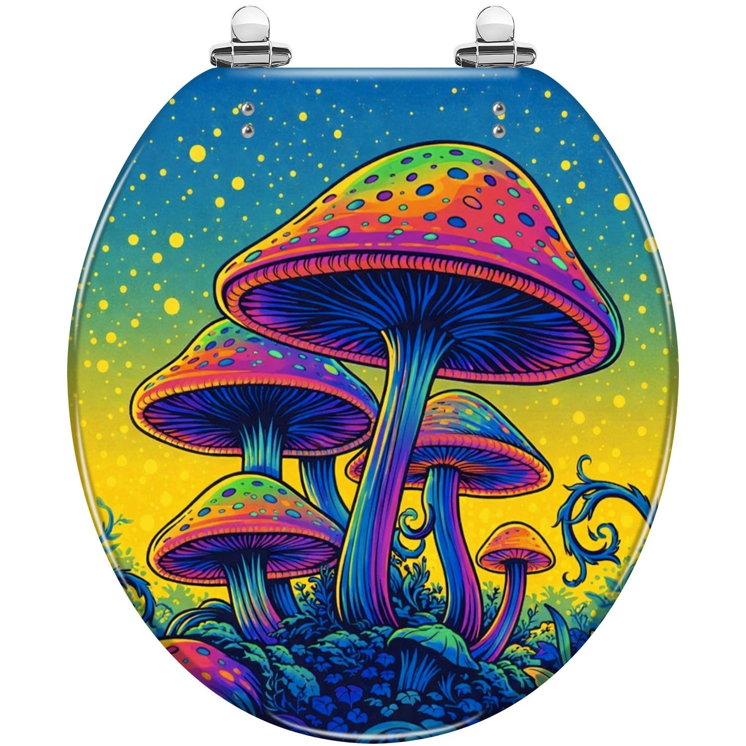 Psychedelic Mushroom Cover, neon Toilet seat Cover, Quick Release Hinges, Bumpers, Easy Install Clean, Adjustable, Lightweight, Durable, Portable, User-Friendly, Decorative, Colorful, Forest