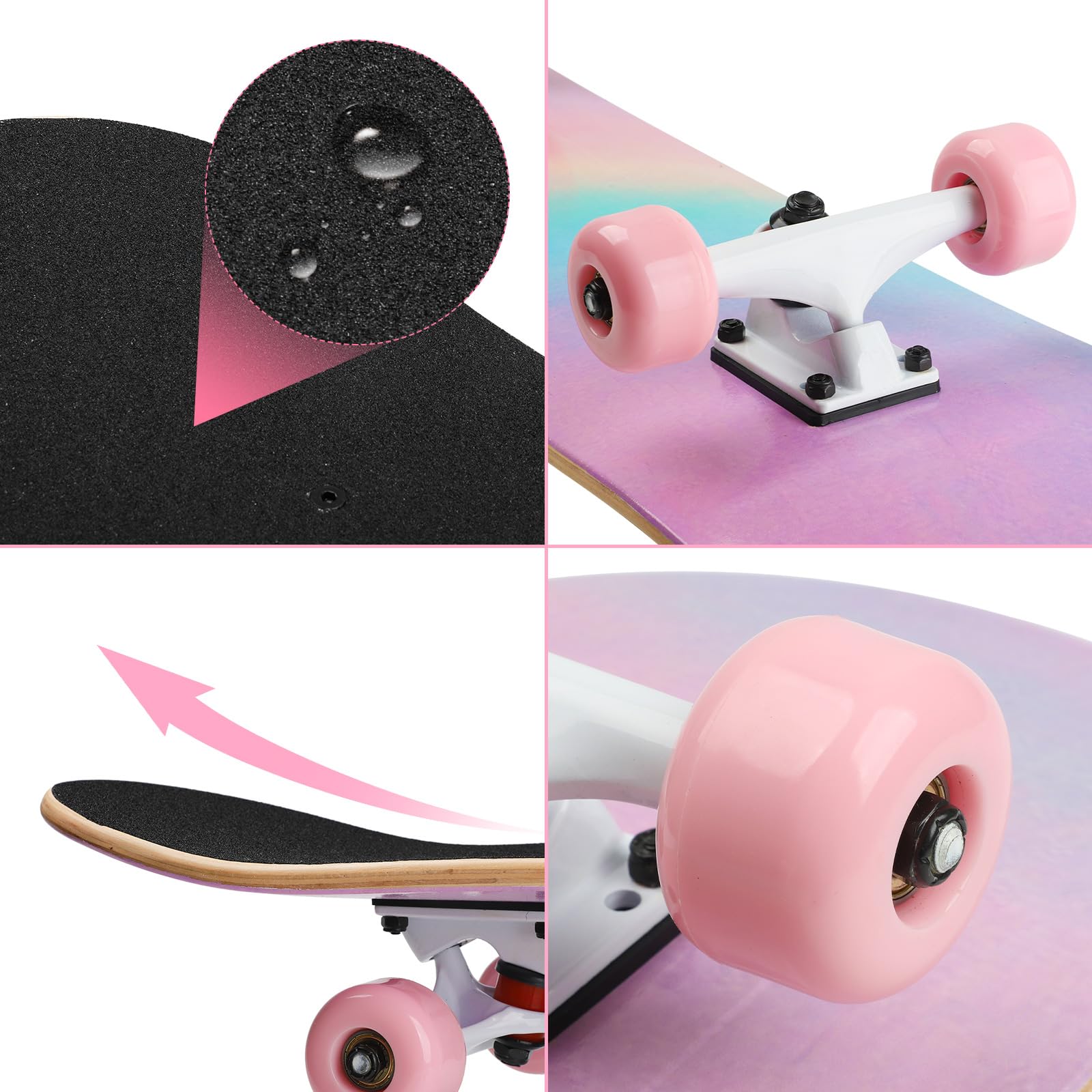 Skateboard Adolescente Ragazza Bambino Adulto Principianti 7 Strati in Legno d'acero Vassoio 80 x 20cm Portare Borsa Skateboard - Polvere arcobaleno