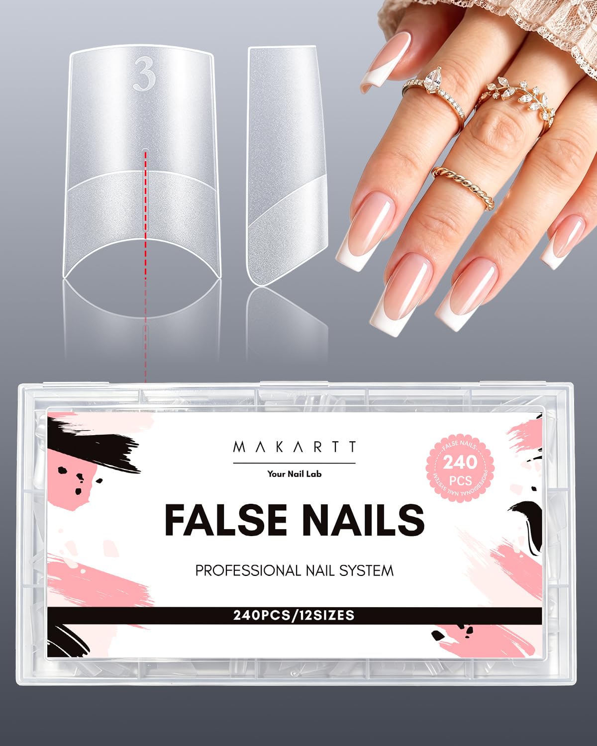 Makartt Tapered Square Nail Tips: Medium Short, Half Cover 240PCS 12 Sizes