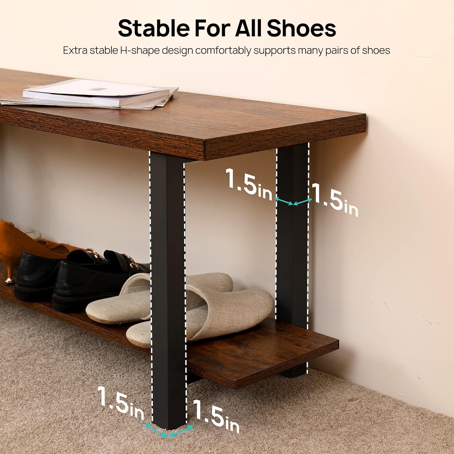 Evajoy Shoe Bench, Modern Industrial Shoe Rack, Sturdy Shoe Organizer with Iron Frame, Shoe Storage Bench for Entryway, Doorway, Hallway, Living Room, Bedroom, Easy Assembly, 47 inches Long