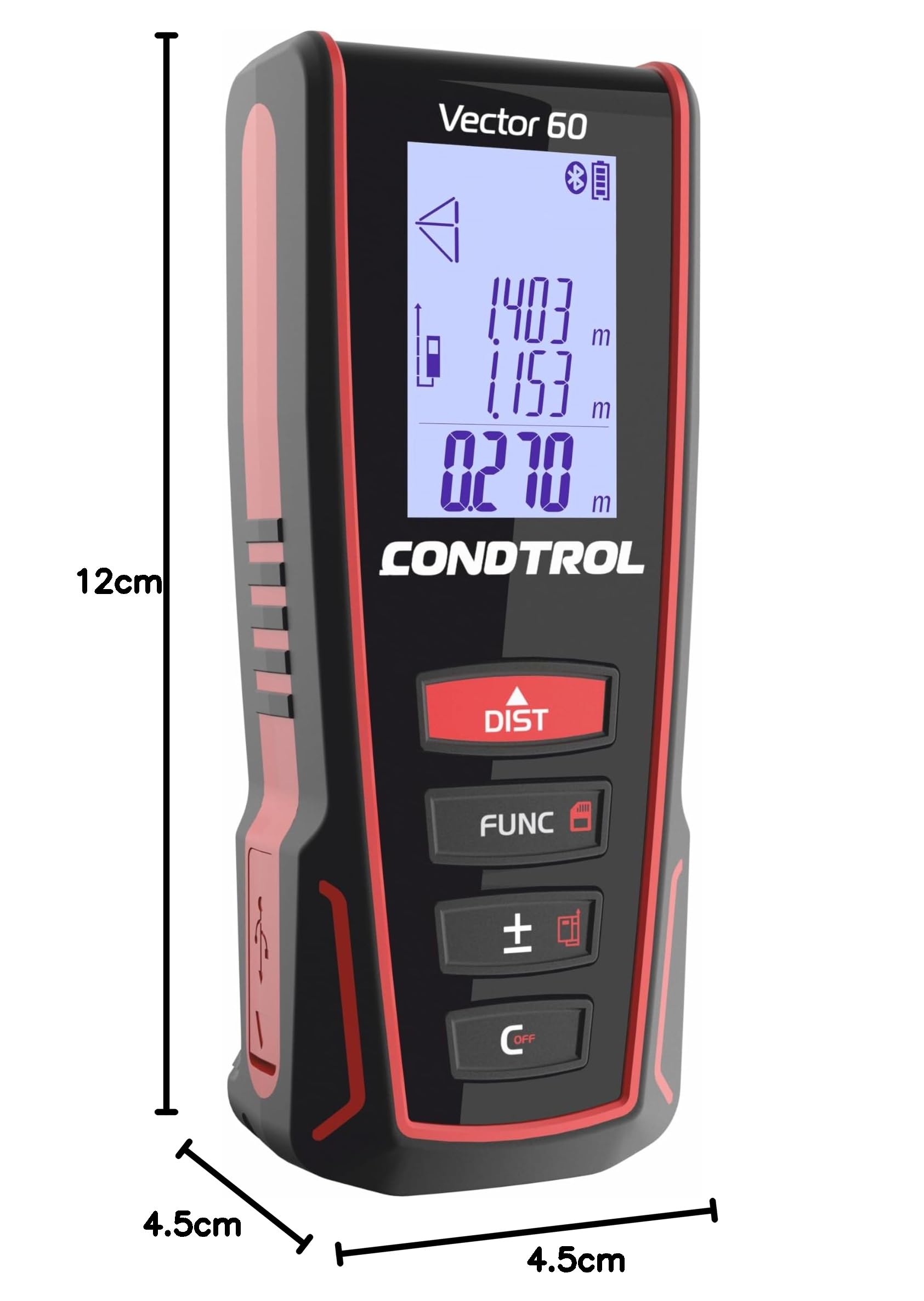 CONDTROL - Telémetro VECTOR 60 - Alcance de 0,05 a 60 metros - Medición precisa continua - Láser rojo - Bluetooth - Garantía de 2+1 años - Se entrega con accesorios