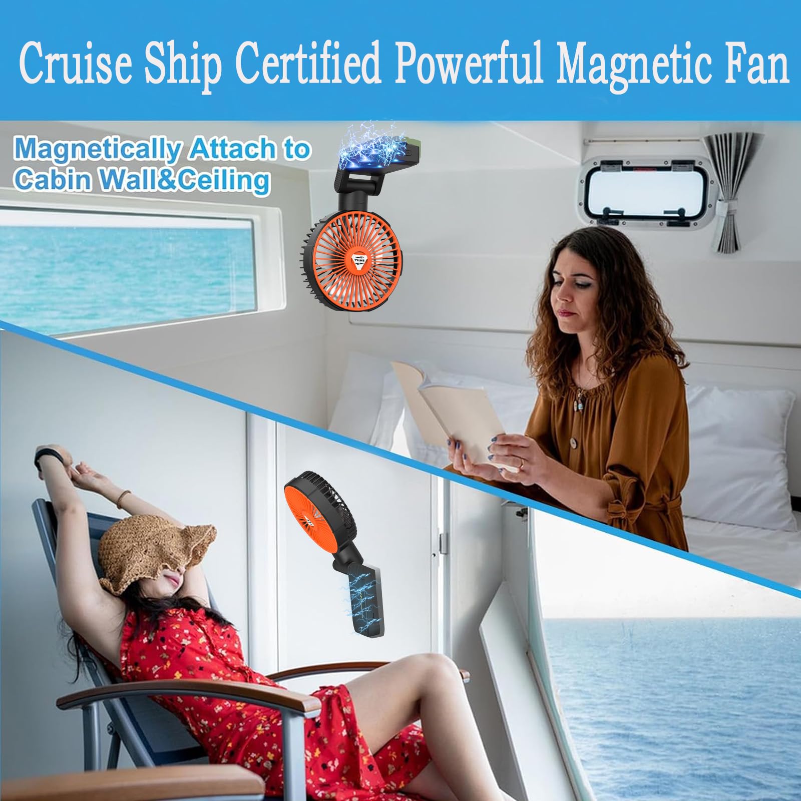Golf Cart Fan Magnetic Rechargeable Fan for Cruise Ship Workshop, 10400mAh Battery Operated Portable Outdoor Camping Fans, Clip on USB Desk Cooling Fans with Lights,Rotation,Golf Cart accessories