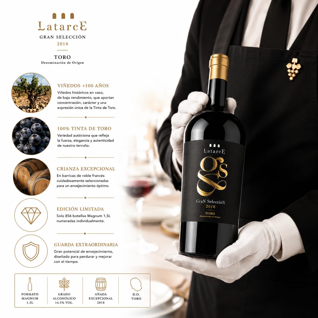 Latarce Gran Selección 2018 | Vino Tinto D.O. Toro 100% Tinta de Toro | Magnum 1,5L Estuche Numerado | Viñedos 70 Años 18 Meses Roble Francés | Edición Limitada 856 Botellas