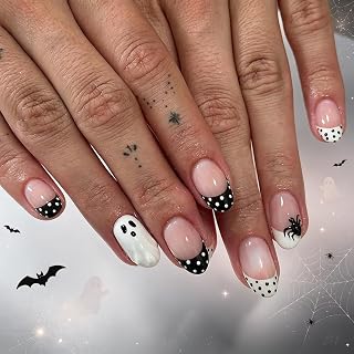 French Short Oval Halloween Ghost and Dot Press on Nails Nude Fake Nails | Halloween Theme,False Nails,Glossy Finish,Acrylic Stick on Nails,for Girl and Women,24PCS,Glue on Nails