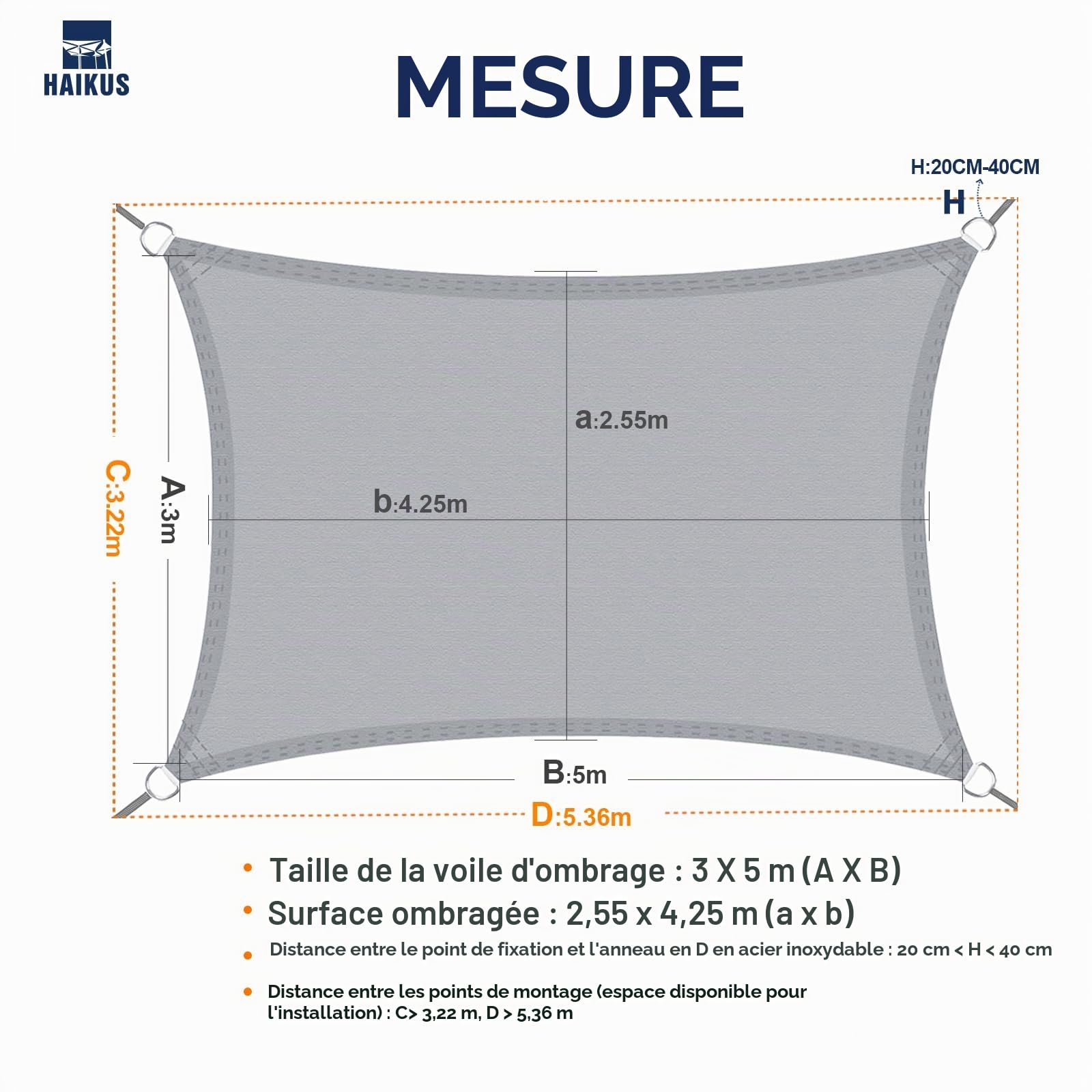 HAIKUS Voile d'ombrage Imperméable Rectangulaire 3x5m, PES, 98% Protection Rayons UV pour Patio Terrasse Extérieur, Crème