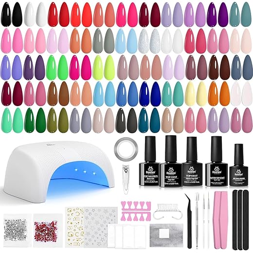 Beetles Kit de esmalte de gel com luz em U V – 55 cores de esmalte em gel, 80 peças, kits de unhas com base e revestimento brilhante de imersão DIY salão em casa para iniciantes presentes para