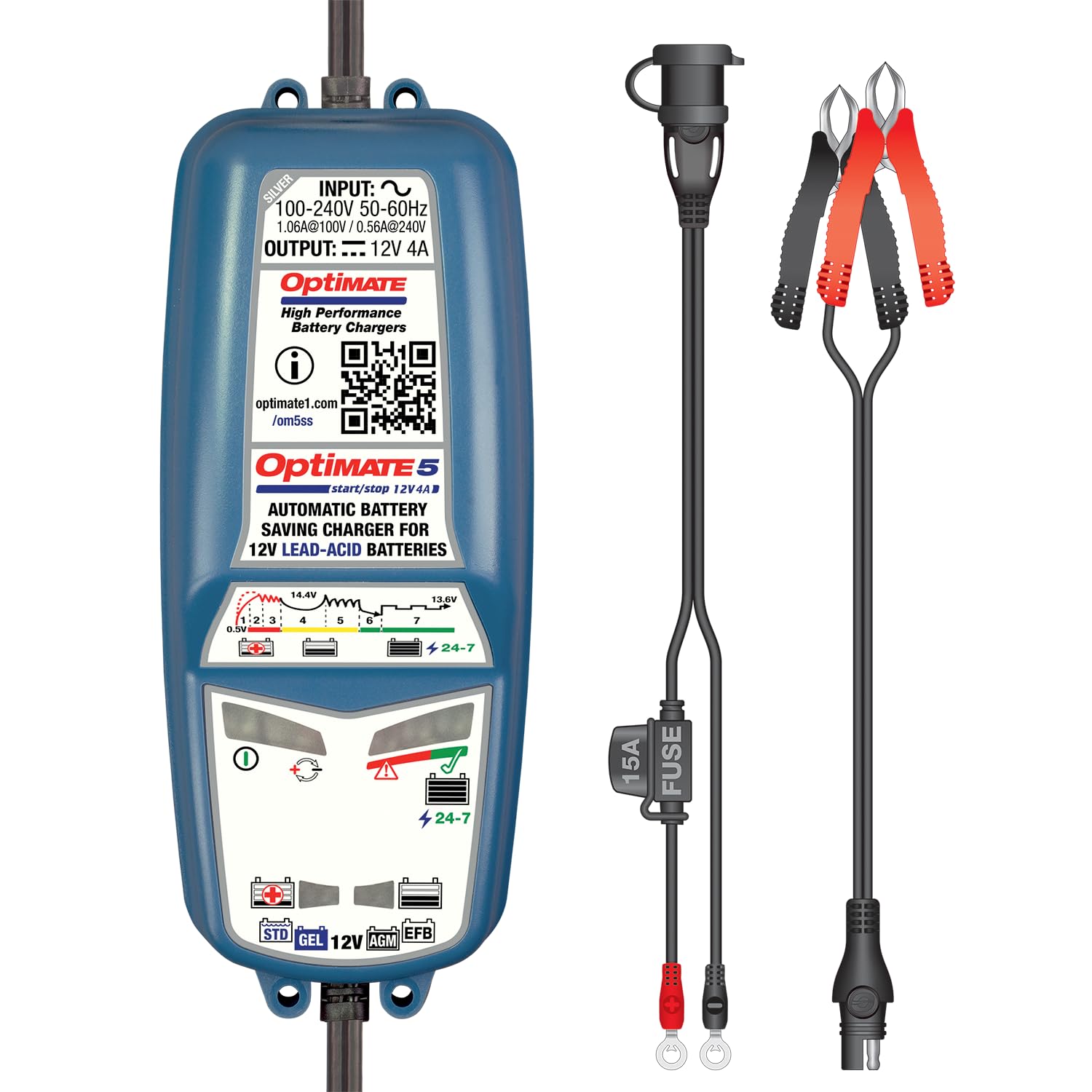 Optimate 5 Start/Stop 12V 4A Caricabatterie automatico e di mantenimento per batterie AGM, Gel, EFB & STD, 7 livelli, avvio da 0,5 V