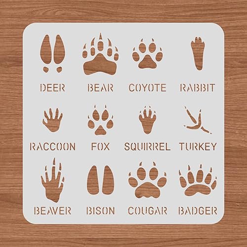 BENECREAT 12 plantillas de huellas de animales, 12 x 12 pulgadas, plantillas de dibujo de ciervosososconejoszorrospavo, para pintura de pared de
