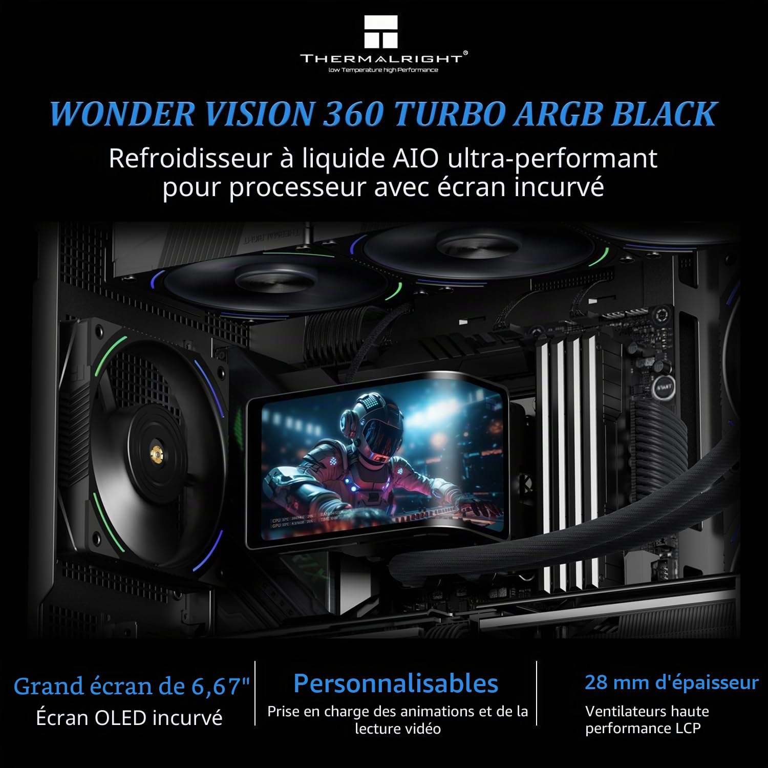 TR -Wonder Vision 360 TURBO ARGB Black AIO Refroidissement CPU, système de refroidissement étanche CPU, écran incurvé de 6,67 pouces avec résolution 2400x1080, pour AM4/AM5, LGA1851/1700, 7:3 rapport