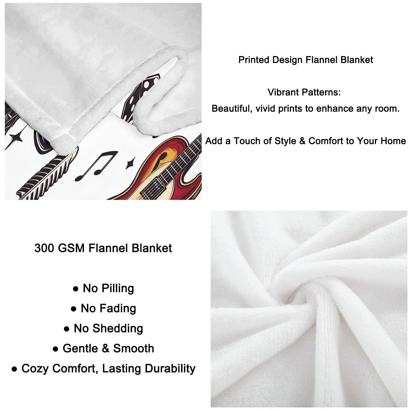 Flanelowy koc Element rockowy Mikrofon gitarowy 150 x 200 cm Koce polarowe z mikrofibry Polar Na wszystkie pory roku Sofa Podróżna Sofa dla dzieci Dorośli, Biały