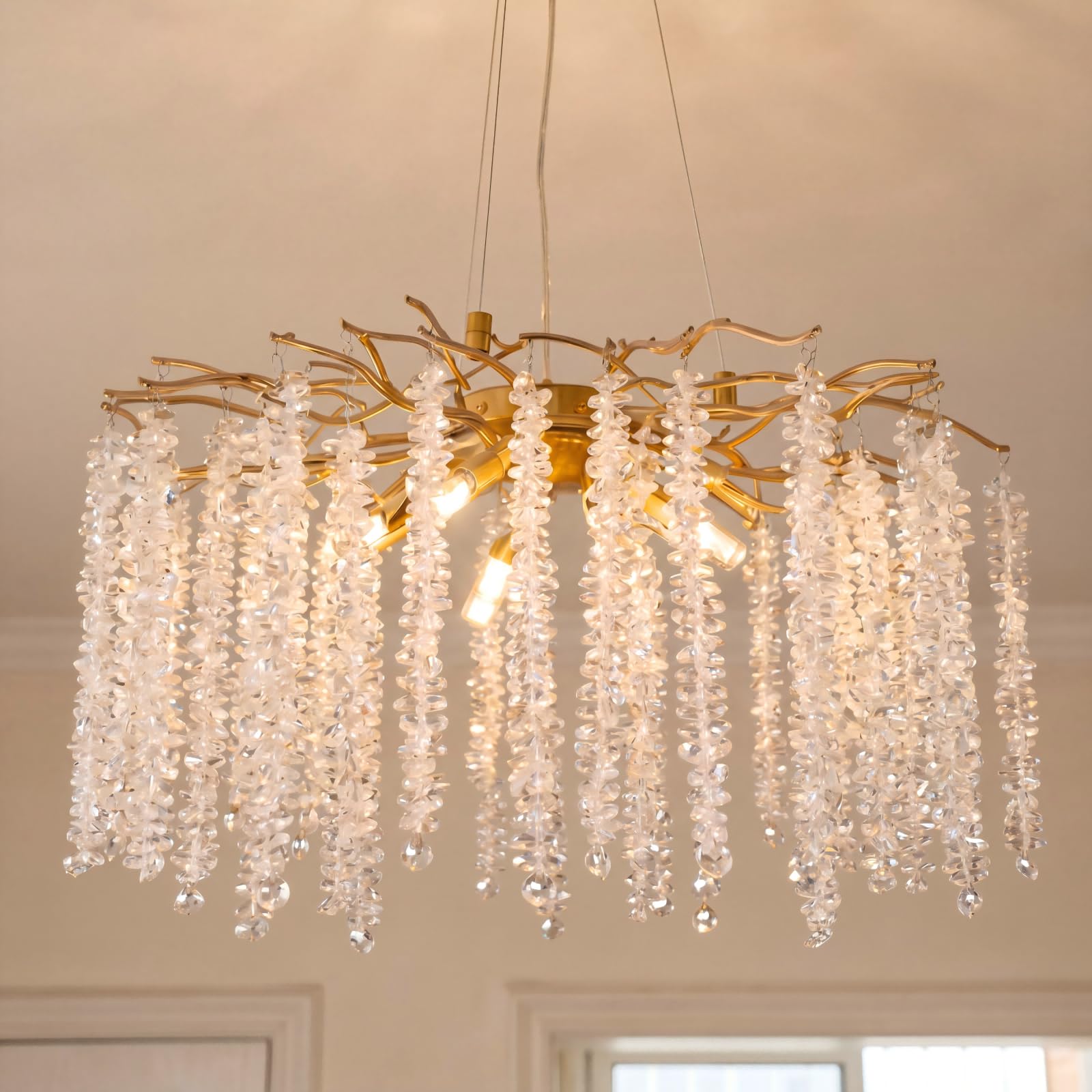 MSSIAN Gold Contemporary Crystal Chandelier Tree Branches Chandeliers,Gold Luxury Round Raindrop Pendant Light Fixture G9-8 Lights for Living Room Dining Room Bedroom Entryway W60cm