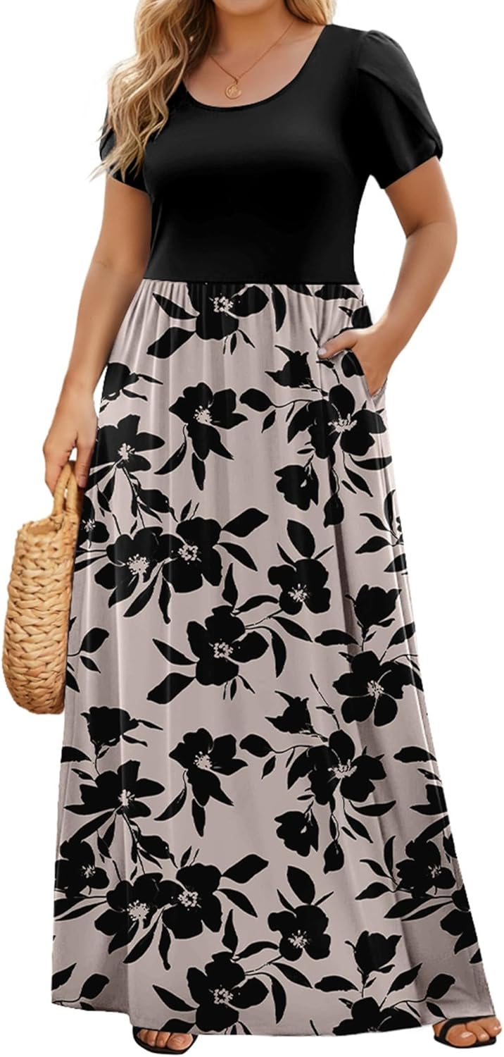IN'VOLAND Plus Size Maxi Dresses for Women Summer Petal Short Sleeve Dress Casual Loose Flowy Long Sundress with Pockets