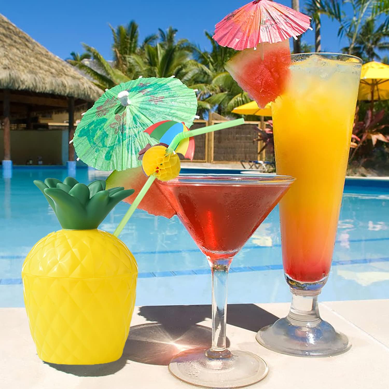 ALINK 12 Pineapple Cups with 12 Umbrella Straws and 12 Cocktail Drink Picks, Hawaiian Luau Tiki and Beach Party Decorations for Kids and Adults - Image 6