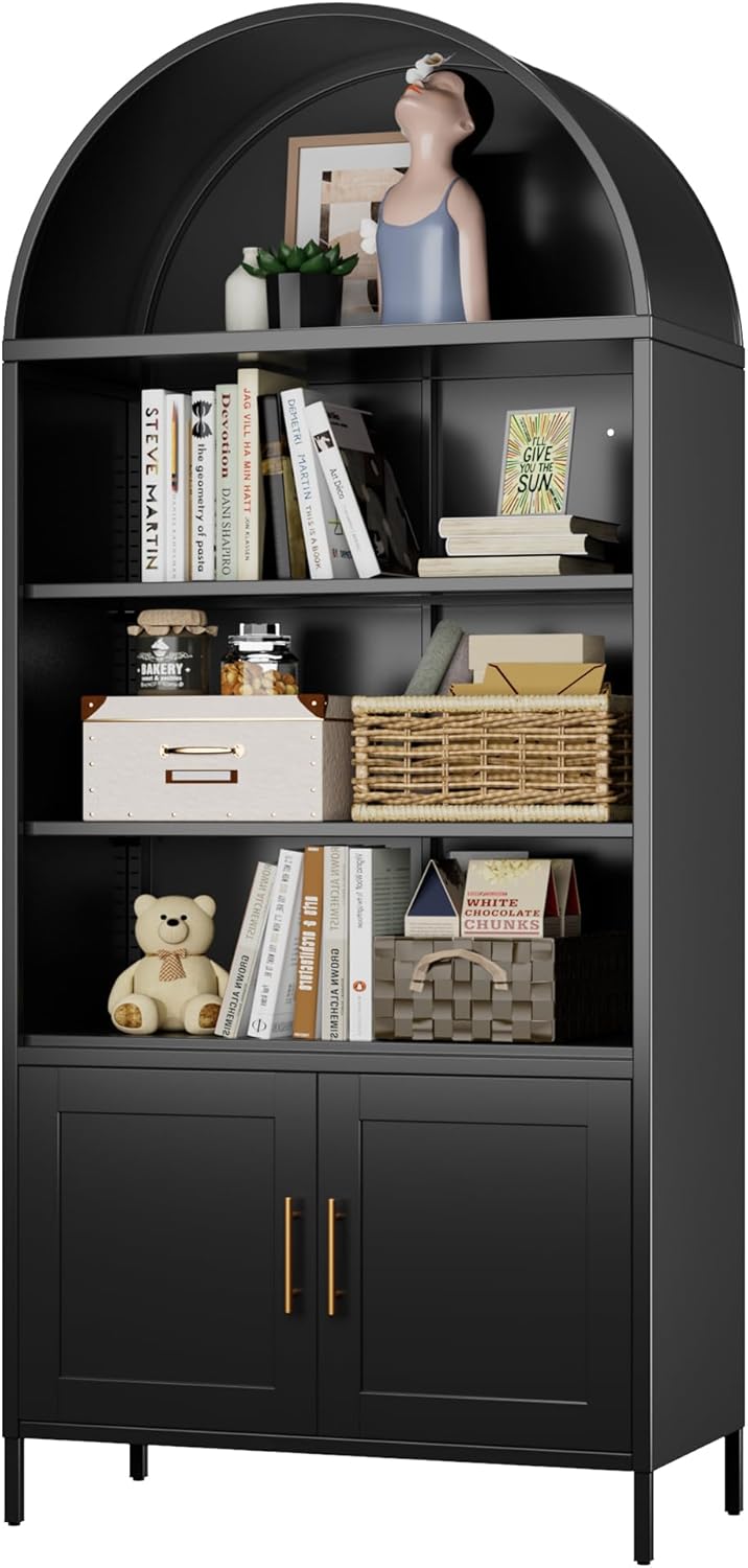 Metal Arched Bookcase Cabinet,Wide Black Arched Bookshelf with 2 Adjustable Shelf for Home Office Living Room,Required Assembly,17.7" D x 35.5" W x 78.8" H