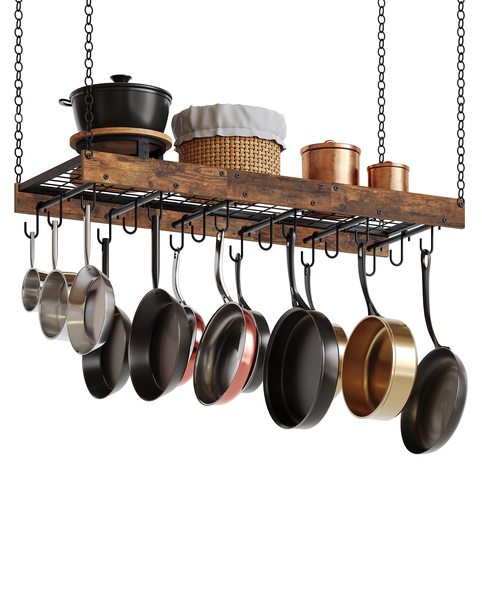 CHOEZON Colgador de Ollas, Soporte para Sartenes Suspendido del Techo, Estante de Cocina, Estilo Industrial, 18 Ganchos, Almacenamiento de Utensilios, Negro y Marrón Rústico DTPR12BFC1