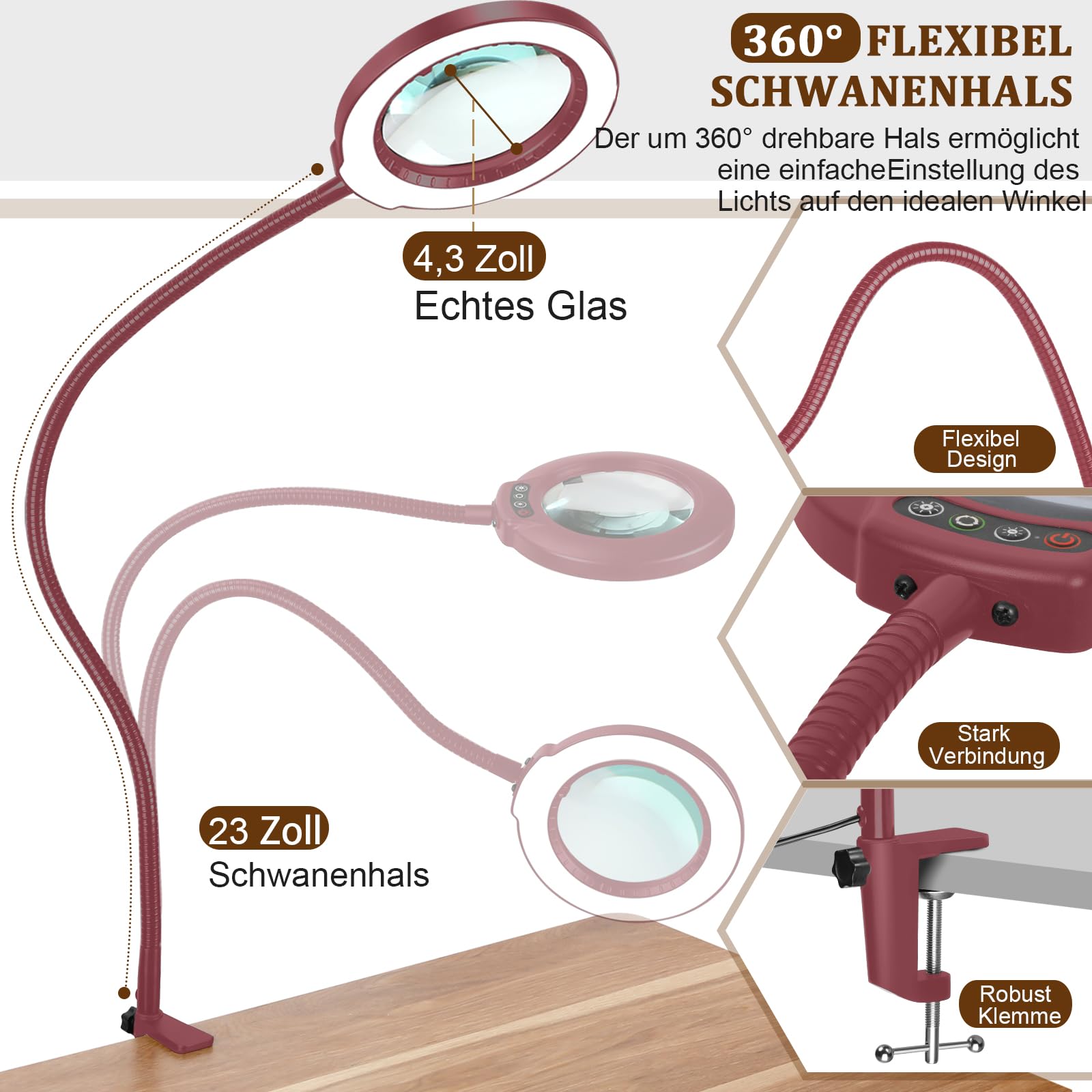 Veemagni 12X Lupe mit Licht und Klemme, Echtes Glas Lupenlampe, 5 Farbmodi Stufenlos Dimmbare, 23 Zoll Flexibler Schwanenhals Ständer Tischlupe mit Beleuchtung, LED Lupenleuchte für Lesen Hobby Rot