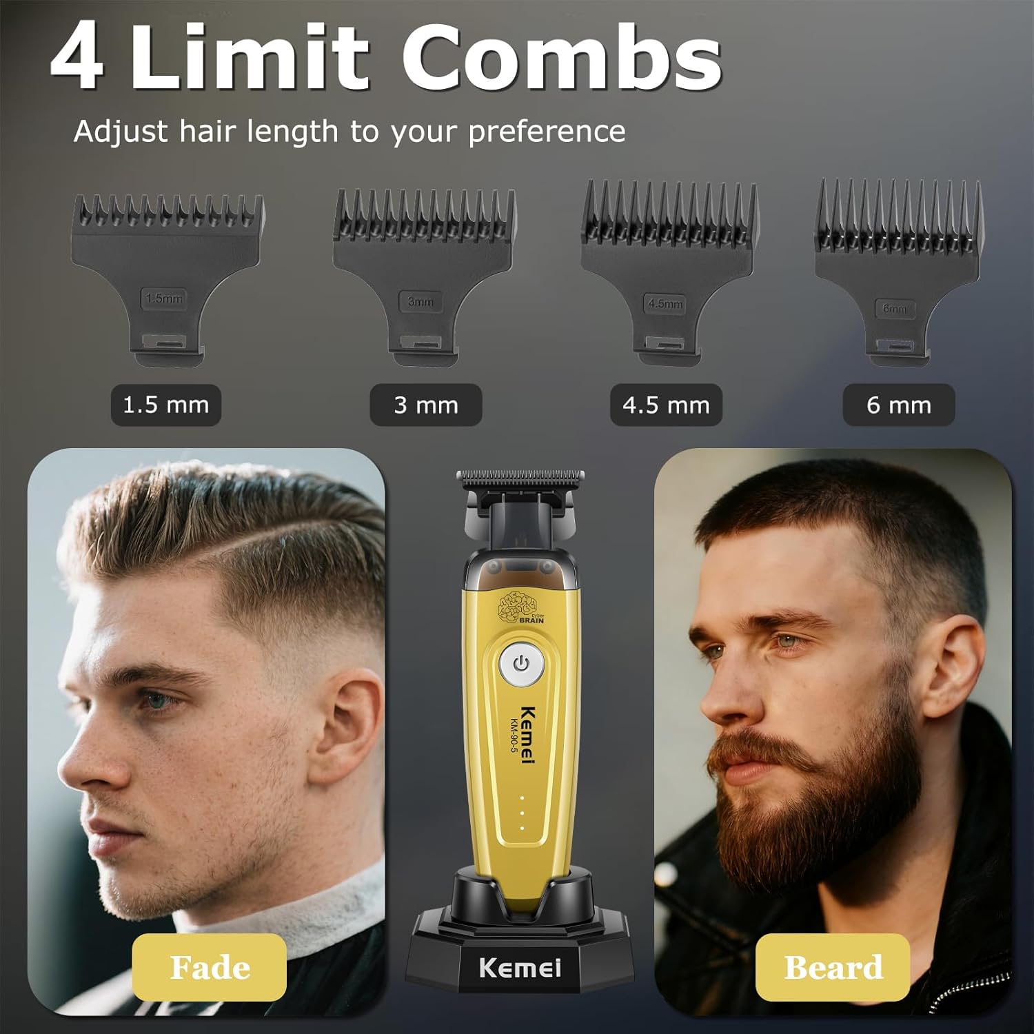 KEMEI 90-5 Hair & Beard Trimmer for Men, Zero Gap Trimmer with DLC Blade & Charging Base, 7500 RPM Cordless Trimmers for Barbers - Image 7