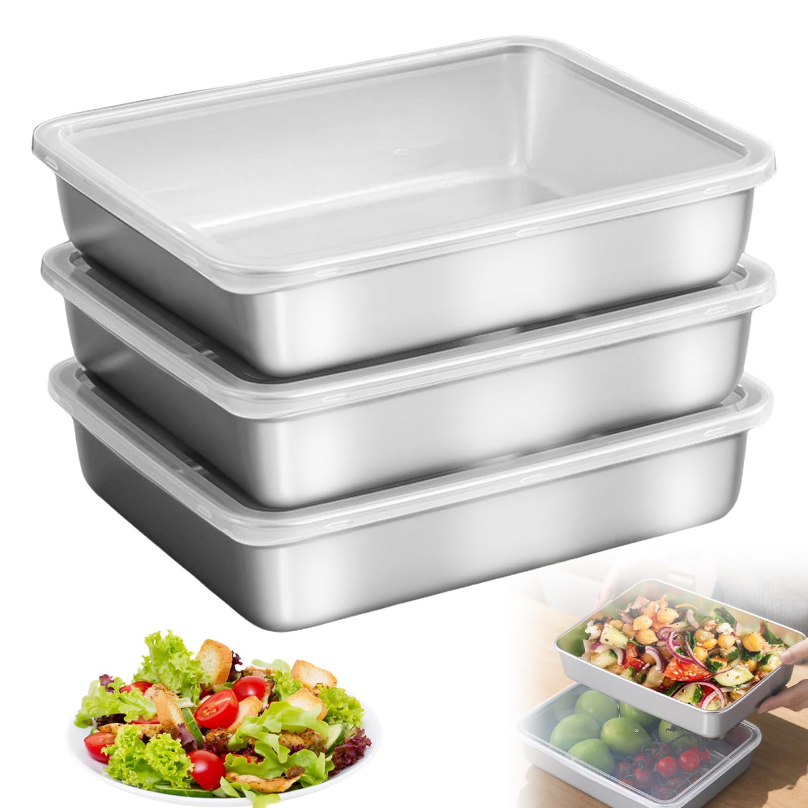 Contenitori per Alimenti in Acciaio Inox con Coperchio: 3 Pezzi 25×20×5cm Salvafreschezza Contenitori per Alimenti, Pranzo in Acciaio Inox con Coperchio Lavabile per Lavastoviglie, Cibo