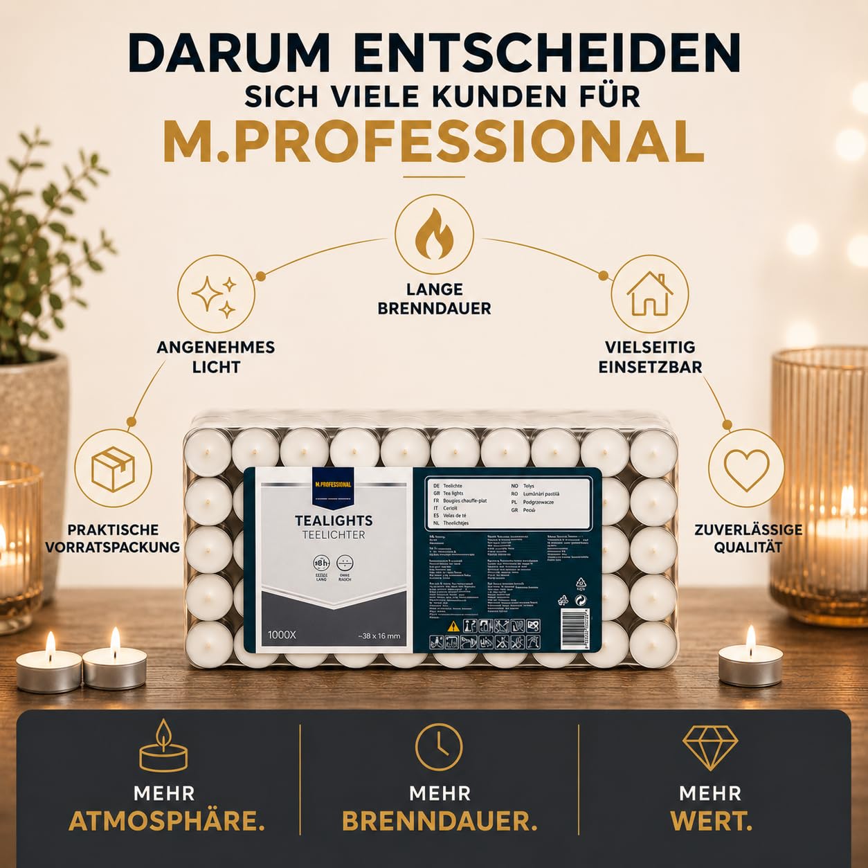 M.Professional Teelichter 8 Stunden Brenndauer 200er 400er 600er 800er 1000er Pack Gastronomie Kerzen Teelicht (1000)
