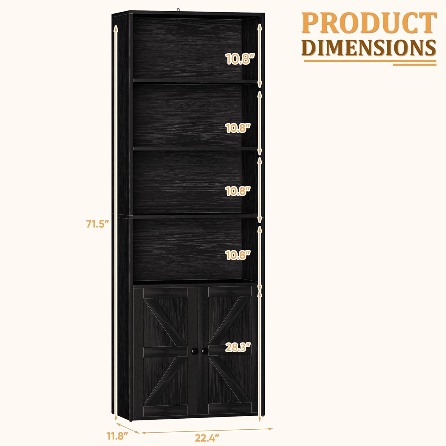 Furniwell Industrial Bookshelf and Bookcases with Doors Modern Bookshelf Cabinet Tall Book Shelves Storage for Home Office, Bedroom (Deep Black)