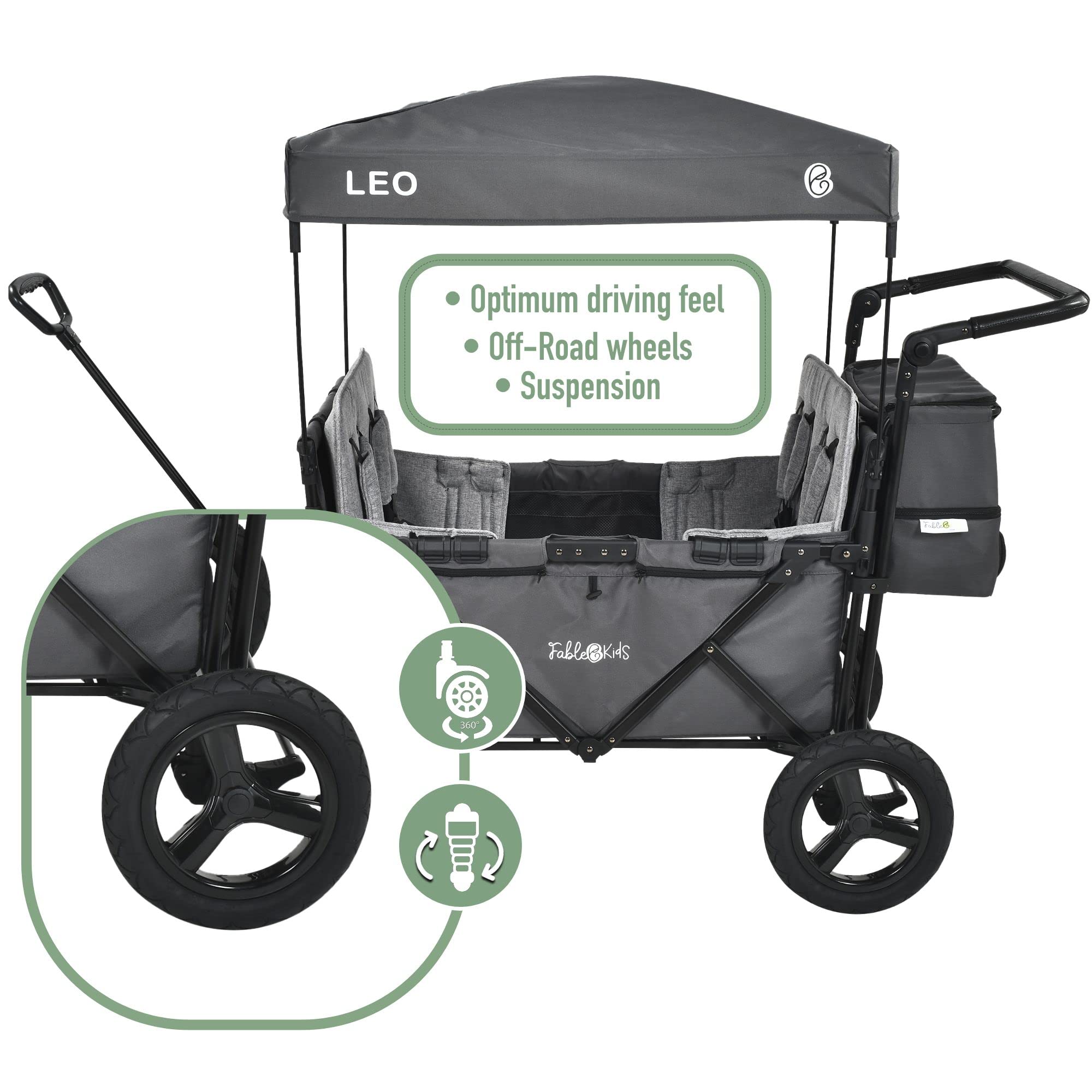 FableKids Follower Passeggino Leo X4Plus con tetto | Caricabile fino a 20kg per seduta | Imbracatura a 5 punti 4X | Ruote offroad a 360° | Freno a pedale | Oxford 600D| Maglie di ventilazione | grigio