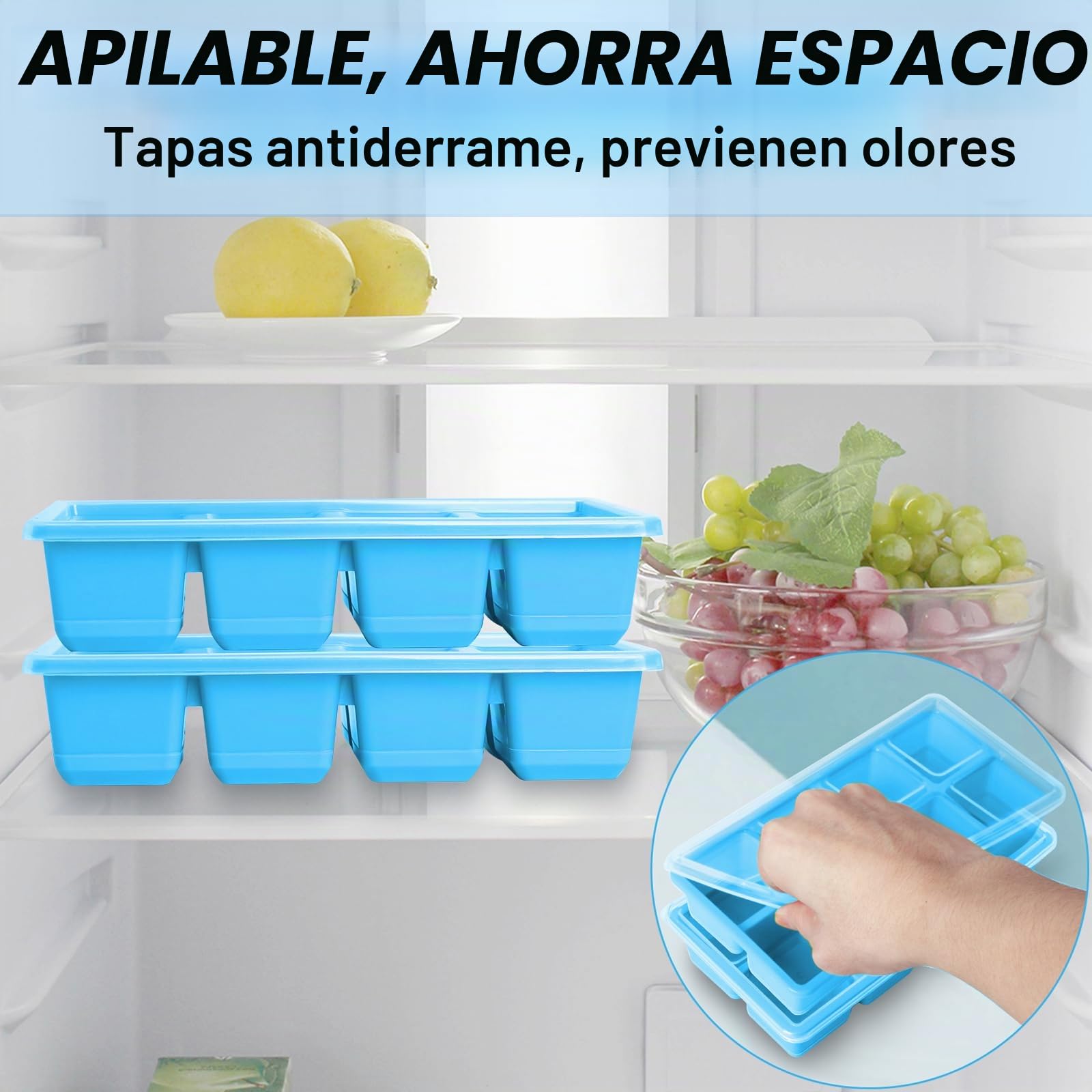 JRISBO Cubiteras para Hielo 4,5 CM Grande, 2Pcs Moldes de Silicona para Cubitos de Hielo XL con Tapa Sin BPA