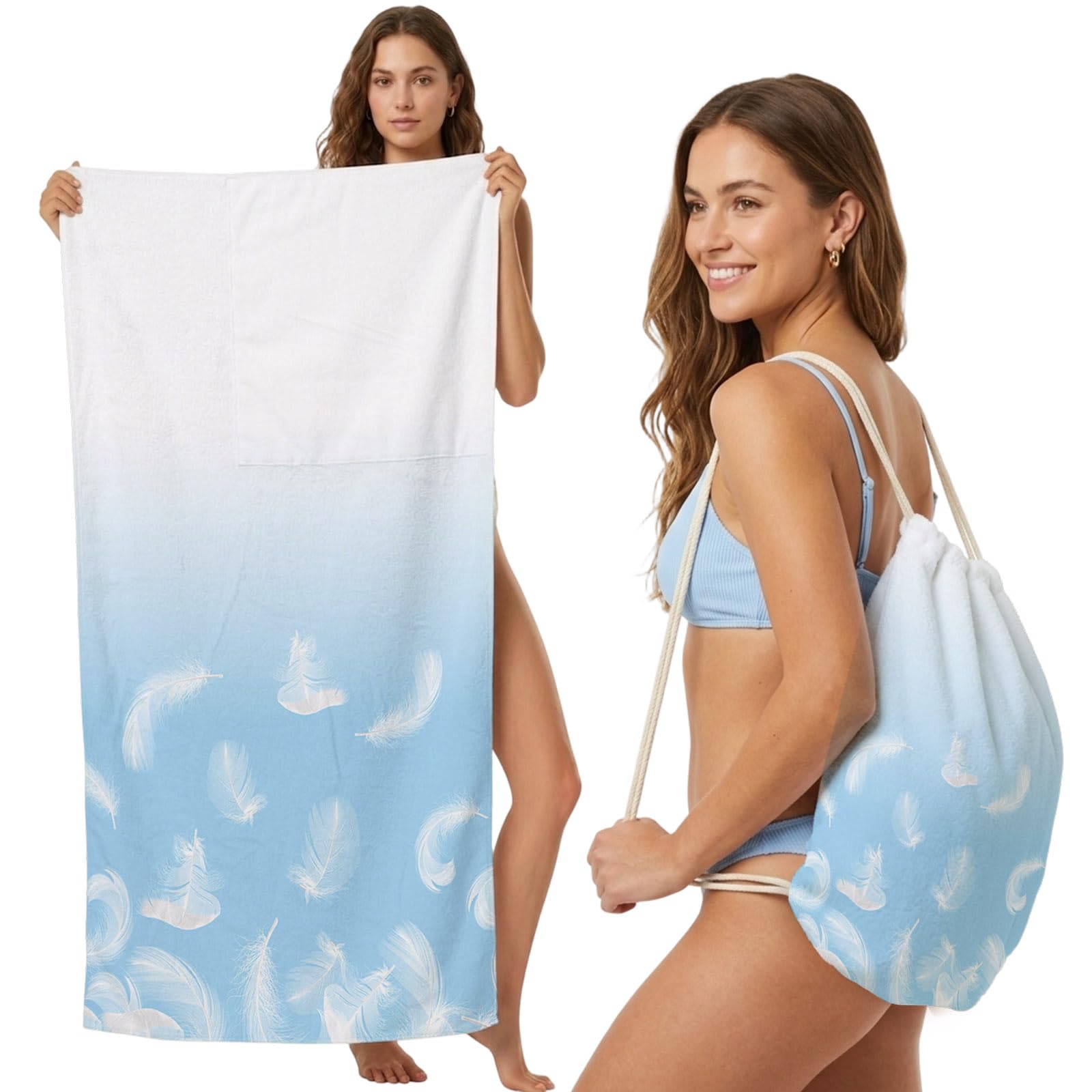 FWJZDSP Beach Towel Backpack, Animal Feather Blue Gradient 2-in-1 Foldable Soft Microfiber Quick Dry Beach Towel 31.5x63in Furry White Feather Lightweight Pool Towels Bag for Travel, Yoga, Gym