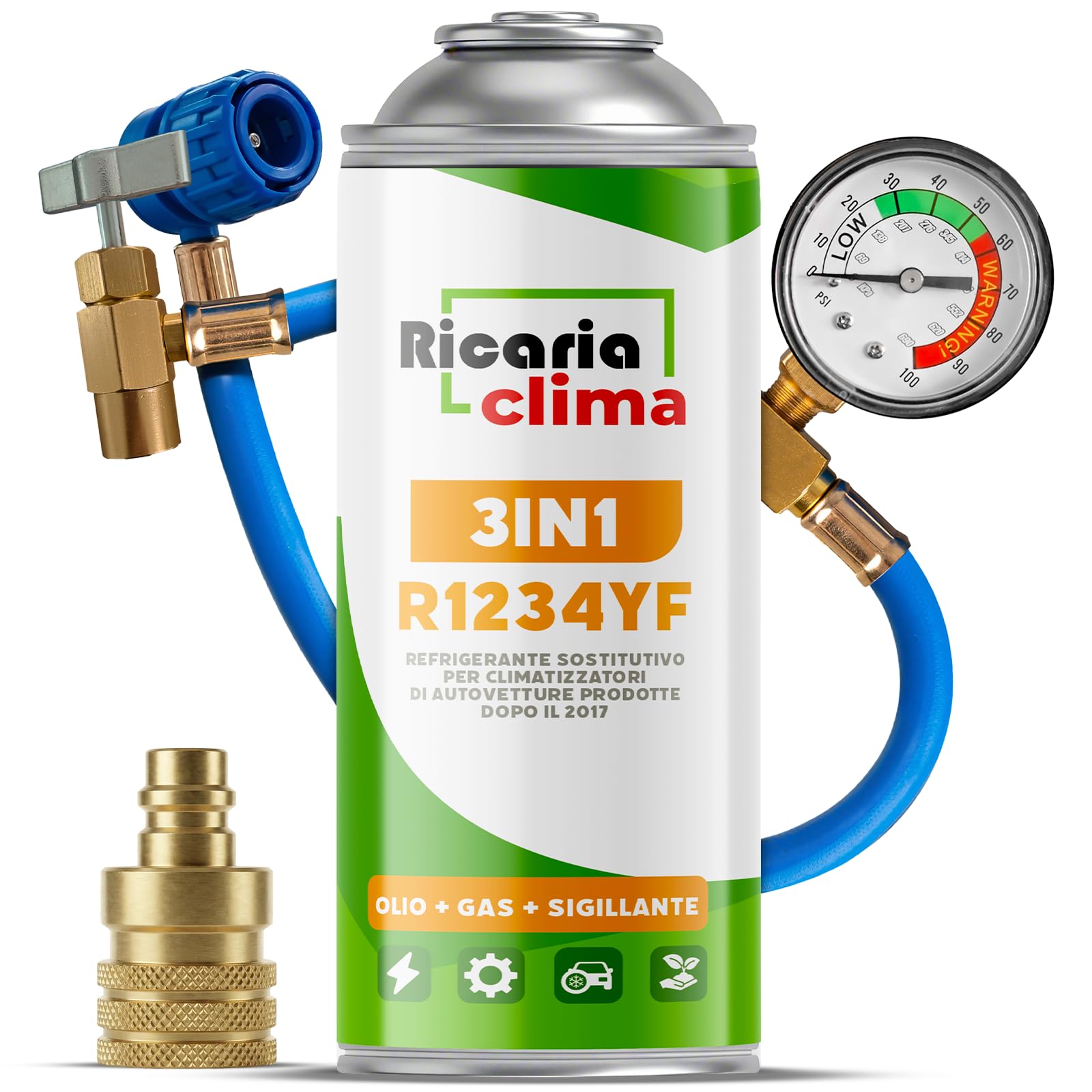 Kit di ricarica climatizzatore auto 3in1 R1234yf – 1x gas 3in1 con tubo e adattatore YF – 235 g