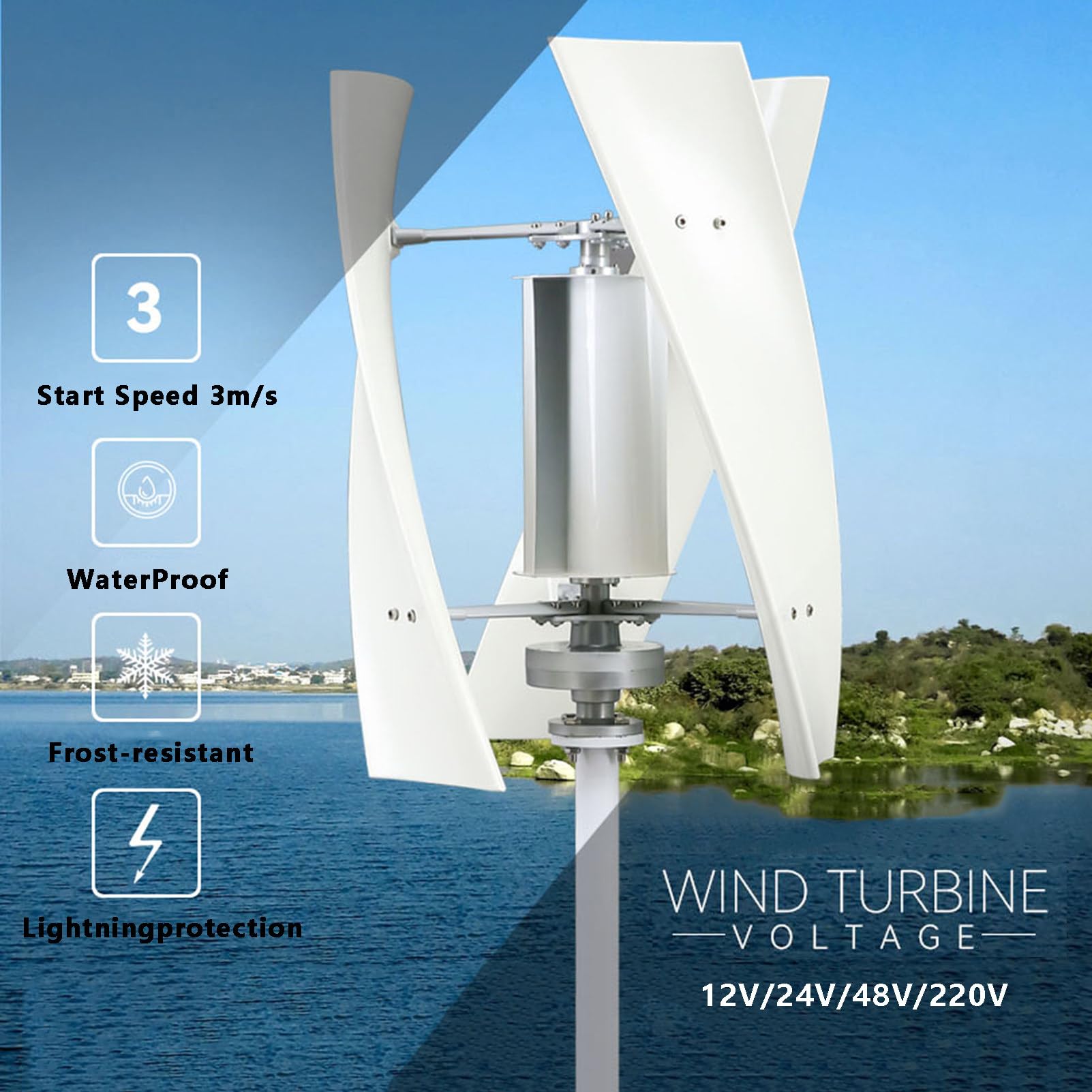 Generatore di turbina eolica da 18000W,Kit generatore di turbina eolica Verticale da 12V,24V,48V,220V,Kit turbina eolica a 3 Pale da 35" di Altezza per integrazione energetica Domestica 24V