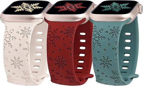 Wearlizer Paquete de 3 bandas grabadas con copos de nieve compatibles con Apple Watch Band de 41401.496 in 4544421.929 in para mujer, correa