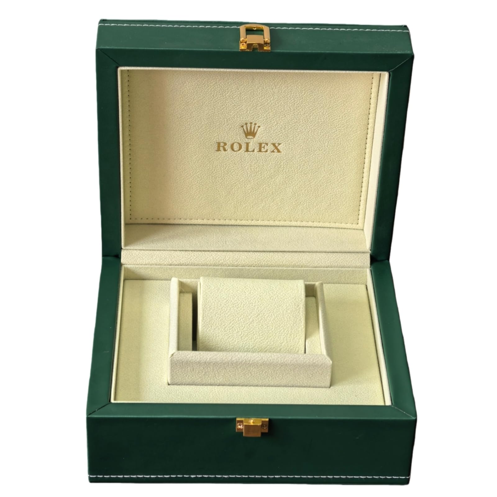 Maletín Reloj Formato Grande Verde Cuero Sintético Pespunte Hardware Dorado Cojín Crema Rejilla Única Hombre para Rolex Submariner Date