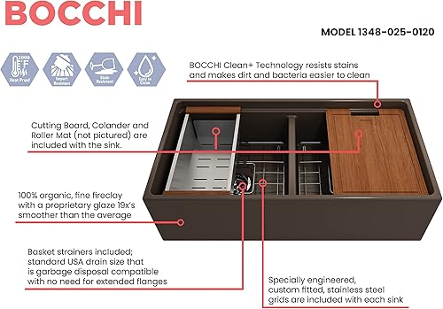 Miniatura 10 de BOCCHI Contempo - Delantal para estación de trabajo, con borde delantero, de arcilla refractaria de 27 pulgadas, fregadero de cocina de un solo