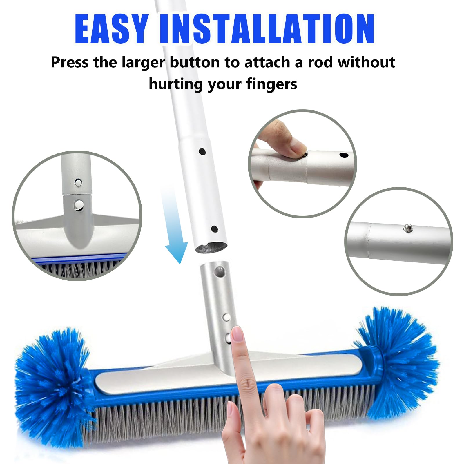 Brosse Piscine Ronde Nettoyage avec Tige Télescopique Tête Détachable Poils Robustes Fond Parois
