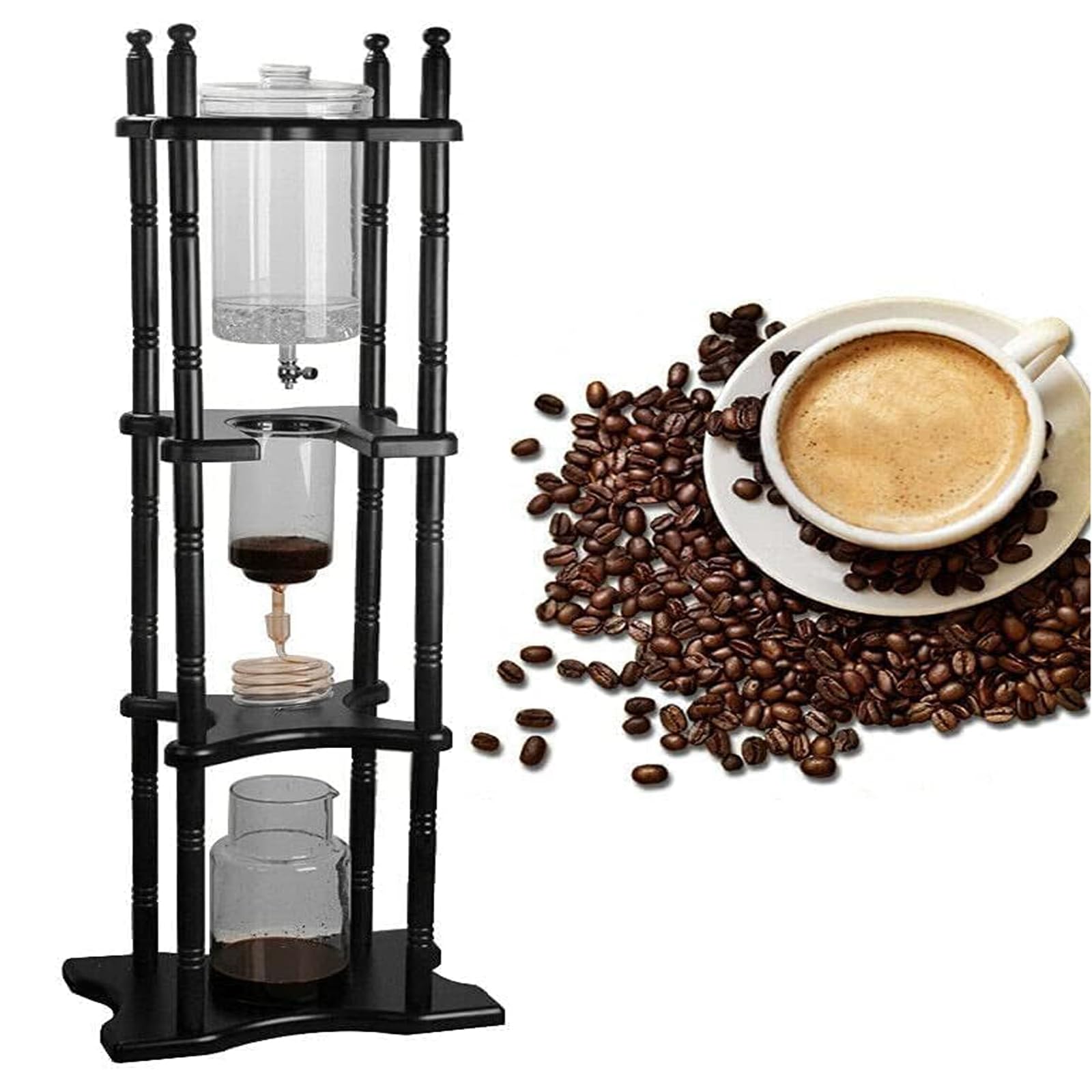 ZephPerton Cold Brew Coffee Tower, Wooden Cold Brew Drip Tower Coffee Maker Set, Water Flow Regulating Valve, Drip Snake Tube, V-shaped Spout, Clear Scale for Home Office Drip Coffee Maker Parties