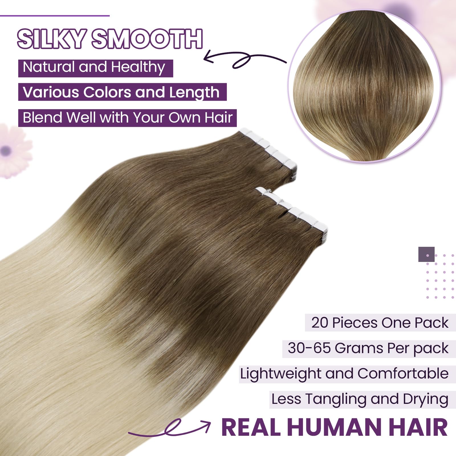 LaaVoo Tape in Hair Extensions Human Hair Blonde Tape Hair Extensions Real Human Hair Invisible Tapes Remy Straight Balayage Brown to Light Blonde Hair Double Sided Tabs 20pcs 30g 12 Inch #8/59 - Image 2