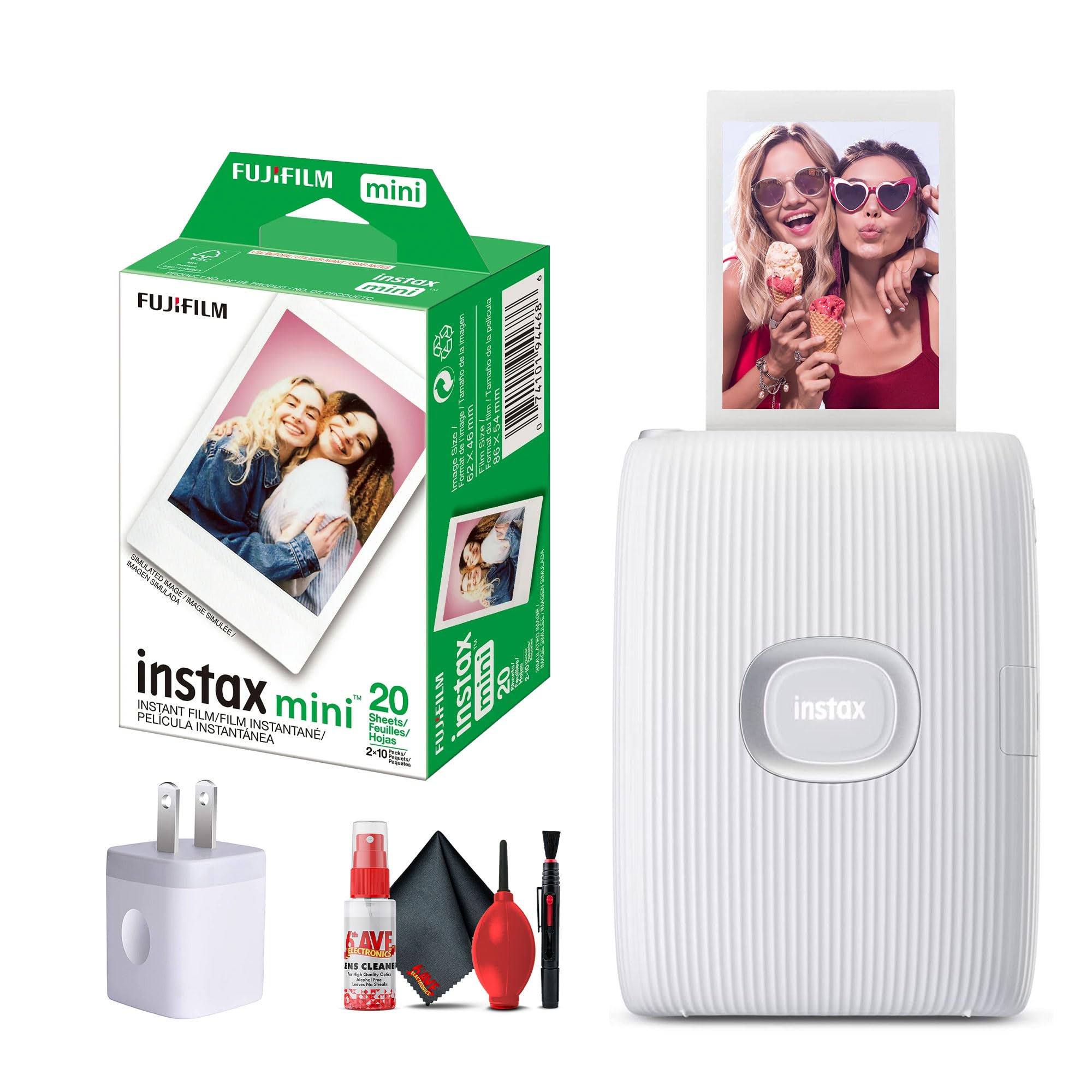 Fujifilm Instax Mini Link 2 Smartphone Printer in Clay White (16767155) Bundle Including: 3X Instant Film, USB Wall Adapter, Full Cleaning Kit