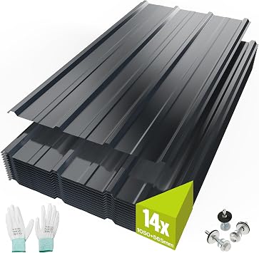 Mondeer 14PCS Roofing Sheets, 8.3m  Galvanised Steel, 105 x 56.5 cm, Includes Gloves and Screws, Metal Corrugated Trapezoidal Grooved Roof for Outdoor Storage, Bin Store & Bike Shed, Dark Grey
