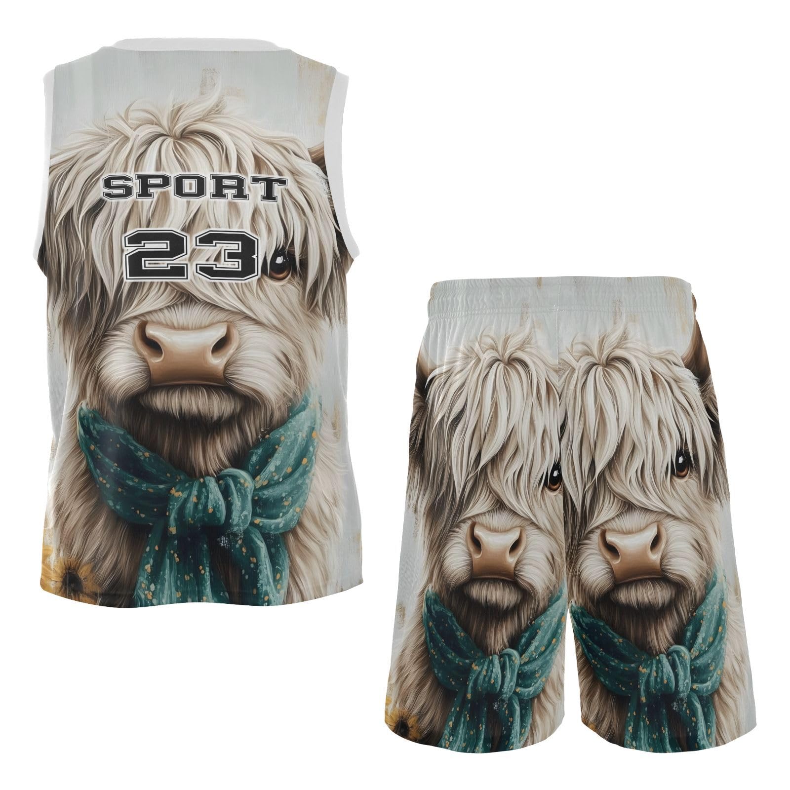 FLildon Cute Highland Cow and Sunflowers Boys Basketball Jersey Set Tank Top Shorts Tracksuit Sport Training Suit for Kids, L