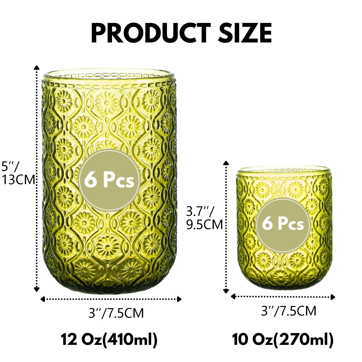 Juego de 12 vasos vintage verdes con relieve floral, vasos altos y de cóctel (12 onzas y 10 onzas) | Ideal para agua, jugo, cerveza, cócteles y whisky