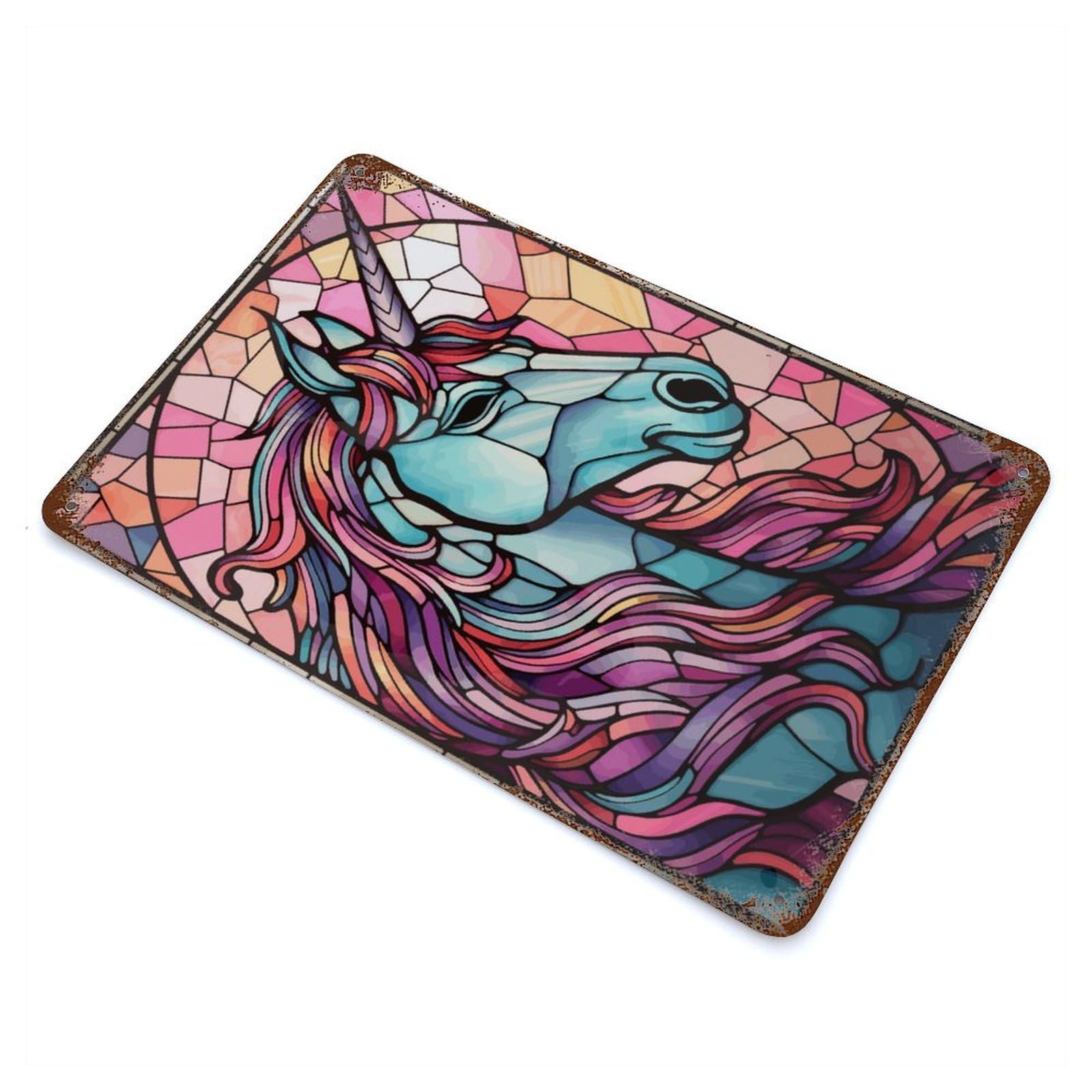 Rustic Tin Plaque Unicorn Stained Glass 11.8"x7.9", Retro Wall Decor for Shed, Workshop And Garage Wall Decor