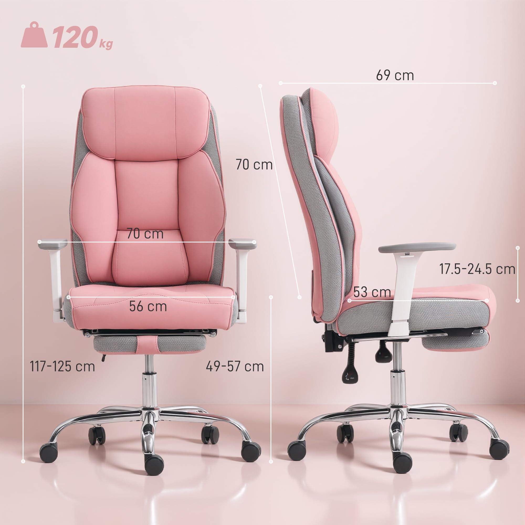 HOMCOM Silla de Oficina ergonómica con reposapiés, PU, 150 kg Rosa